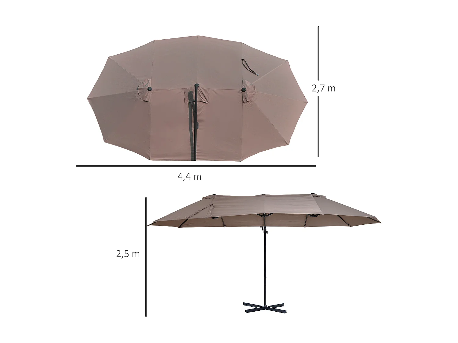 Parasol déporté grande taille XXL inclinable dim. 4,4L x 2,7l x 2,5H m piètement en acier inclus polyester marron