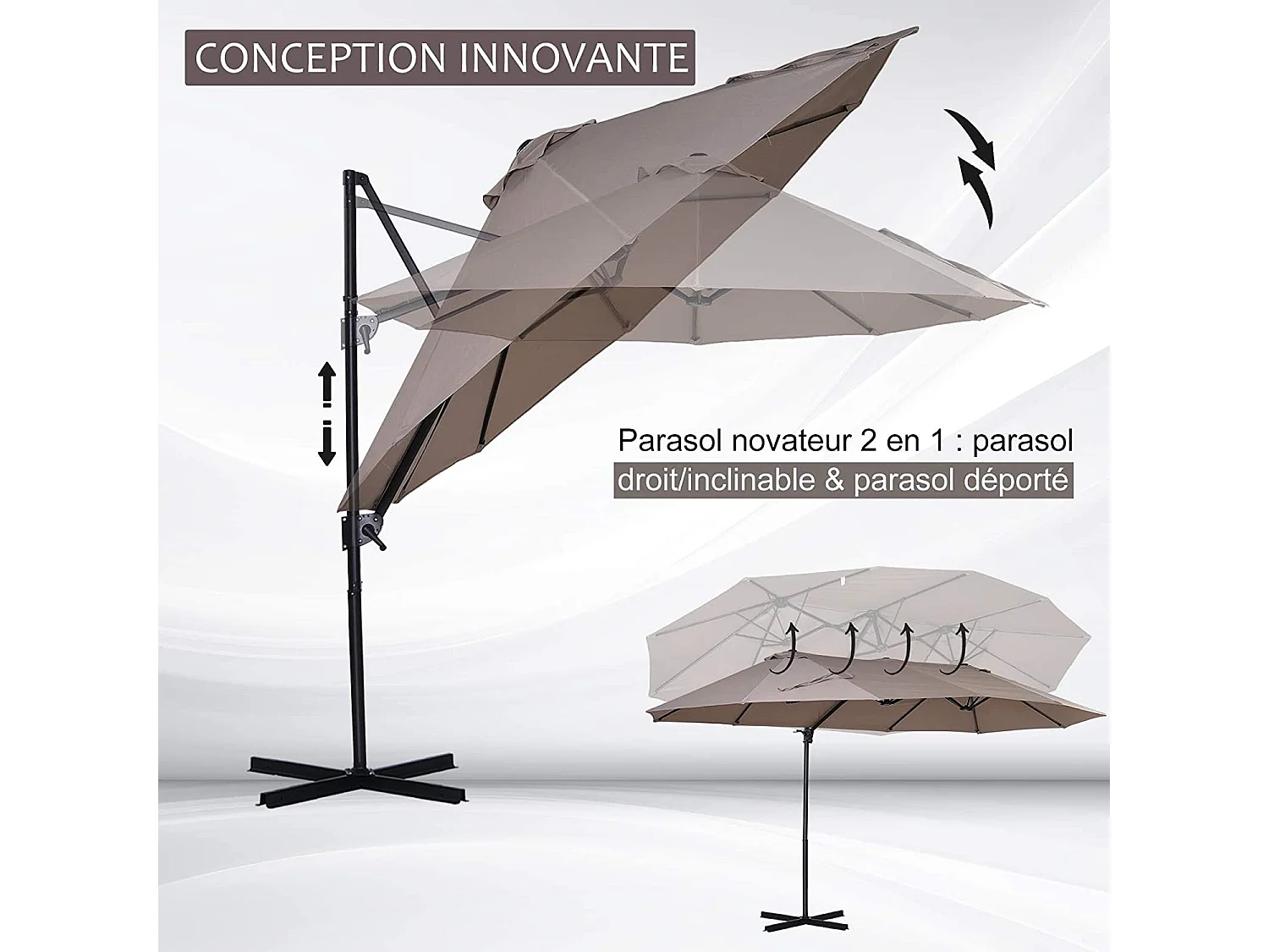 Parasol déporté grande taille XXL inclinable dim. 4,4L x 2,7l x 2,5H m piètement en acier inclus polyester marron