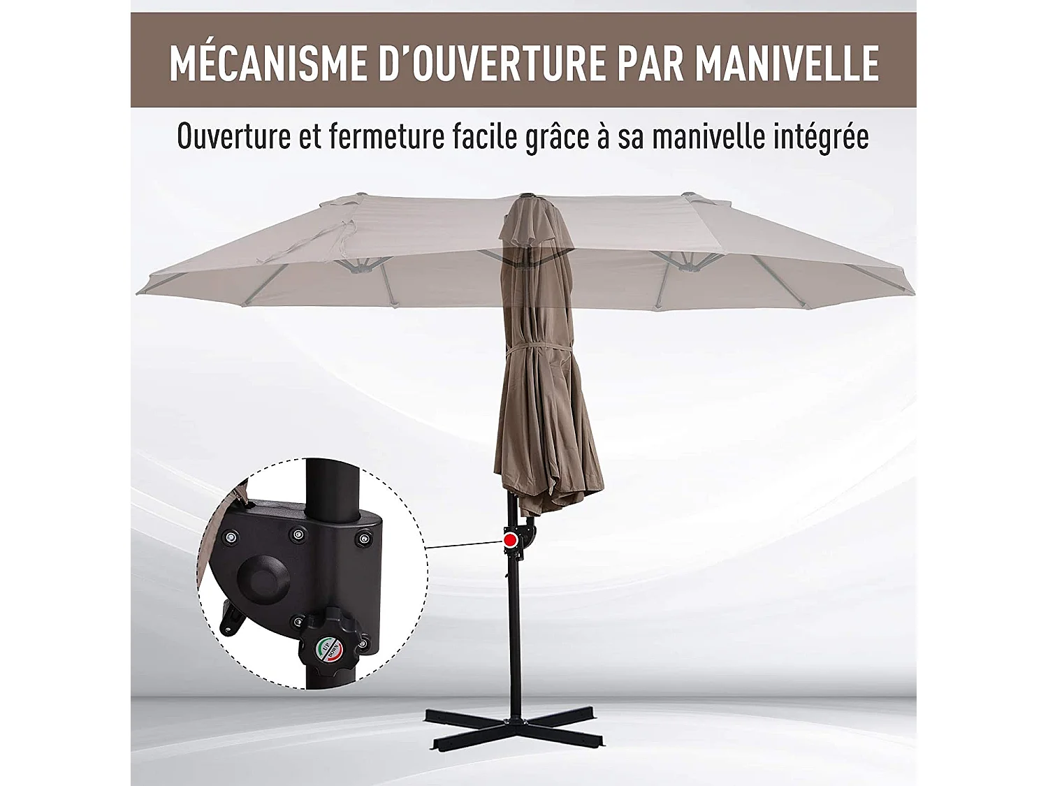 Parasol déporté grande taille XXL inclinable dim. 4,4L x 2,7l x 2,5H m piètement en acier inclus polyester marron