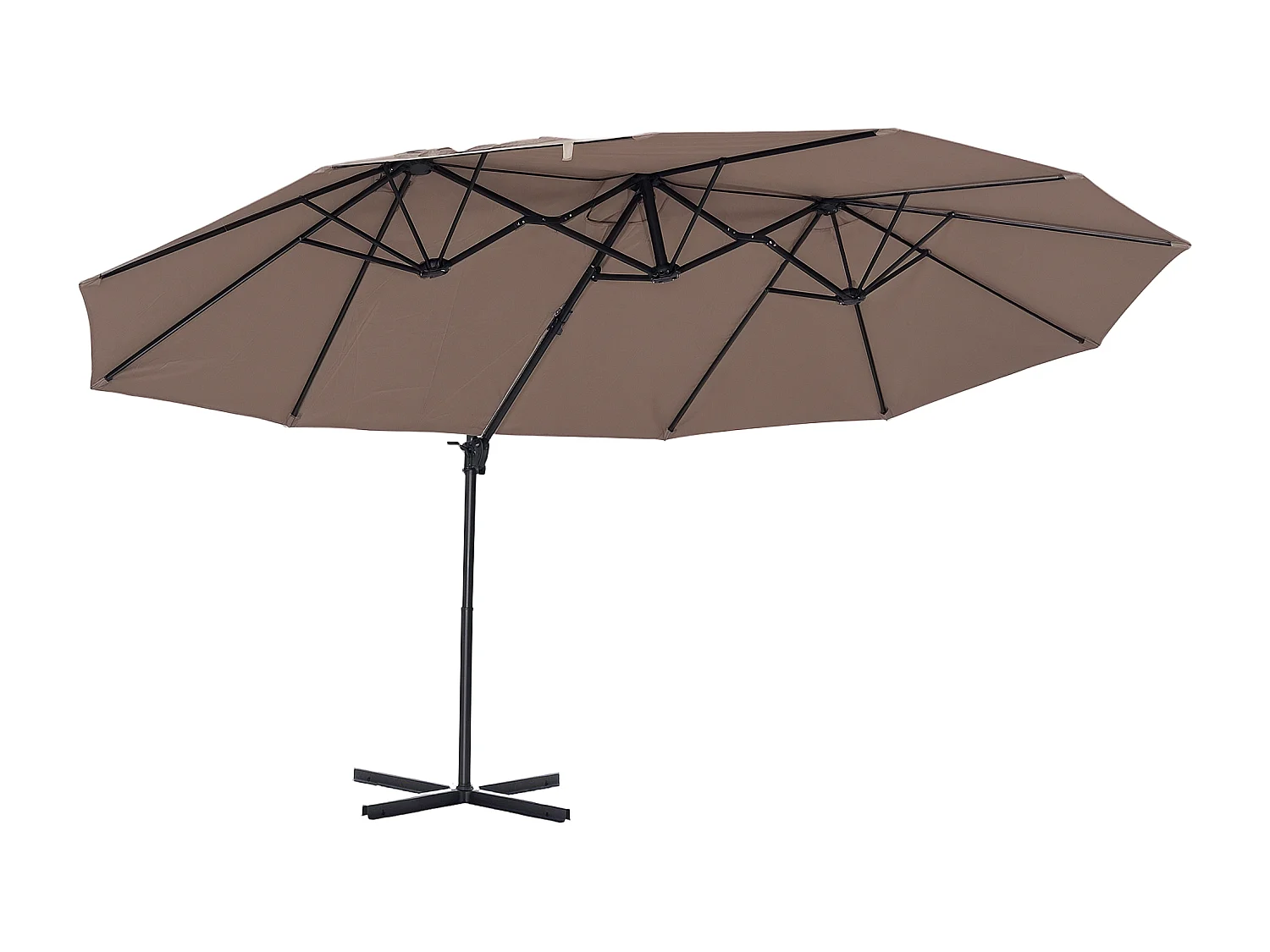 Parasol déporté grande taille XXL inclinable dim. 4,4L x 2,7l x 2,5H m piètement en acier inclus polyester marron