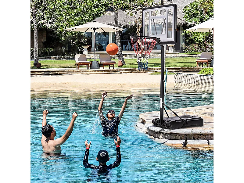 Panier de Basket-Ball sur pied pour bord de piscine poteau panneau, base de lestage sur roulettes hauteur arceau réglable 1,1 - 1,3 m noir blanc