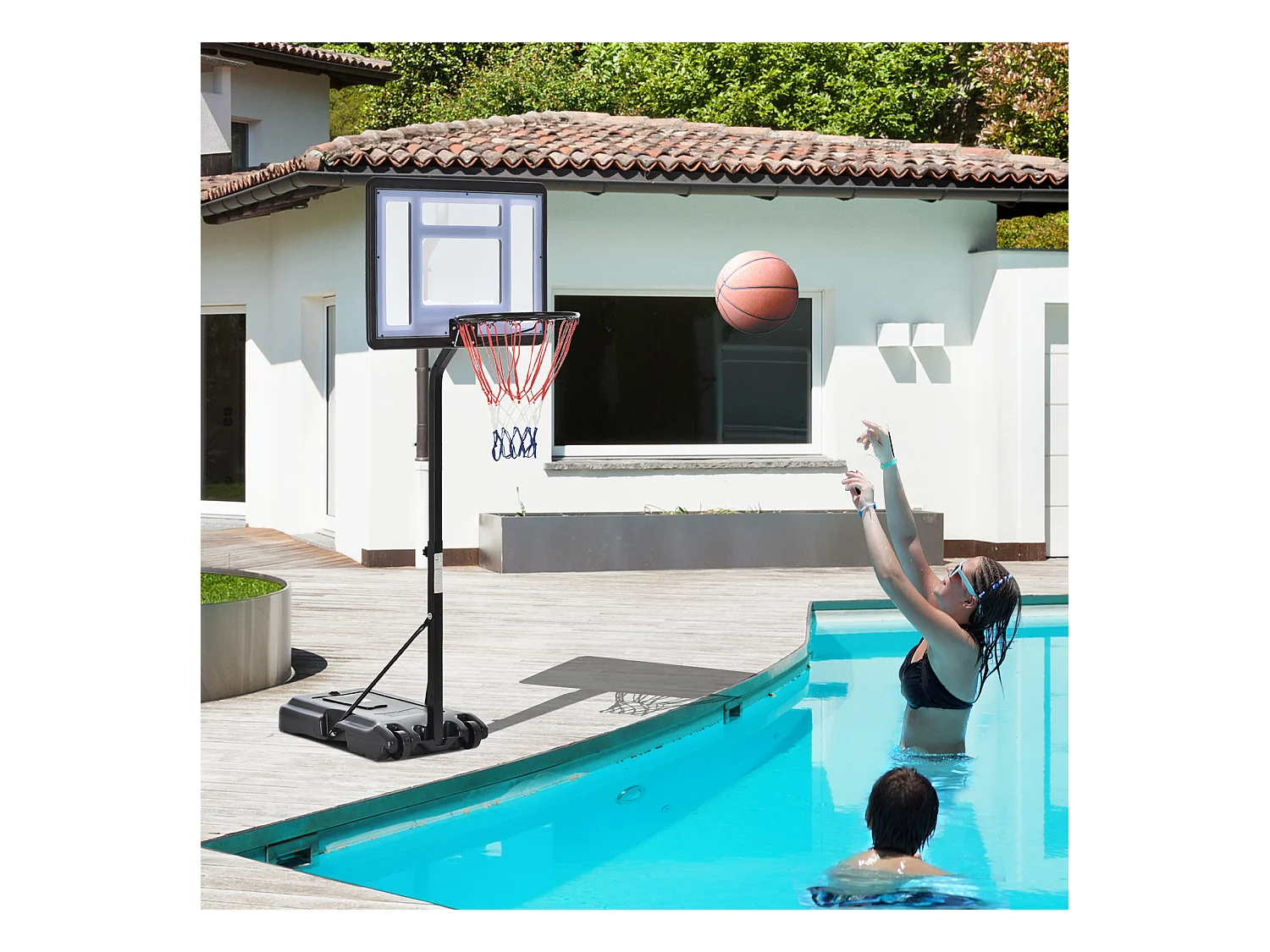 Panier de Basket-Ball sur pied pour bord de piscine poteau panneau, base de lestage sur roulettes hauteur arceau réglable 1,1 - 1,3 m noir blanc