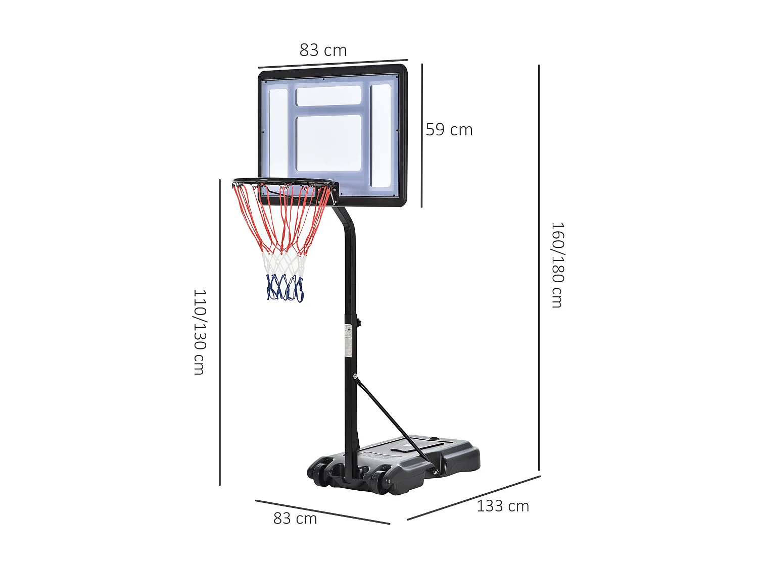 Panier de Basket-Ball sur pied pour bord de piscine poteau panneau, base de lestage sur roulettes hauteur arceau réglable 1,1 - 1,3 m noir blanc