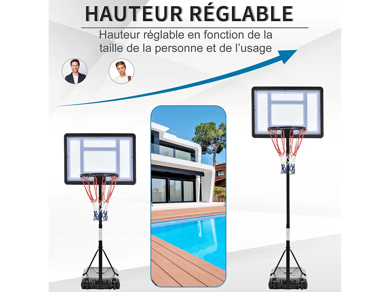 Panier de Basket-Ball sur pied pour bord de piscine poteau panneau, base de lestage sur roulettes hauteur arceau réglable 1,1 - 1,3 m noir blanc