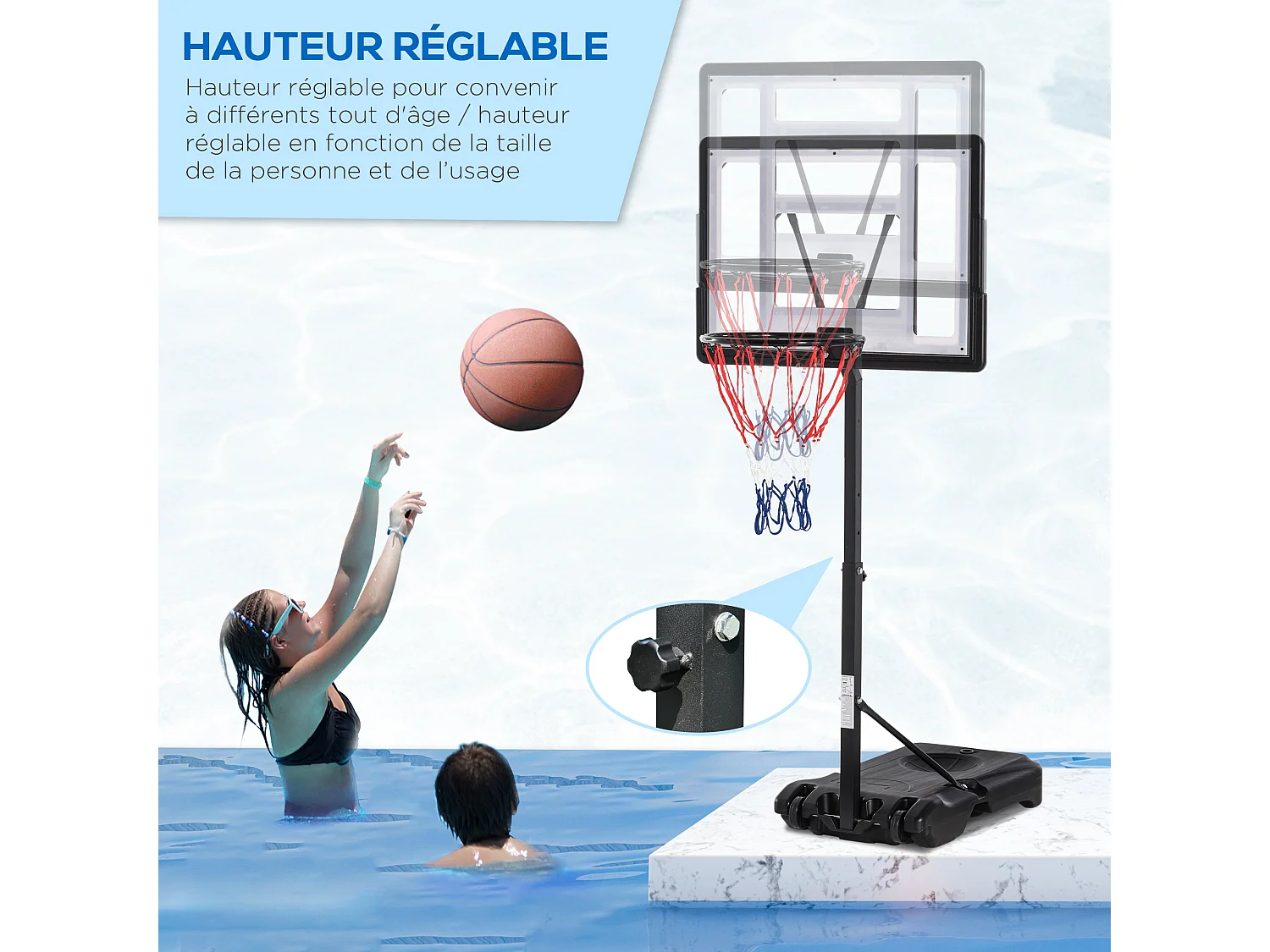 Panier de Basket-Ball sur pied pour bord de piscine poteau panneau, base de lestage sur roulettes hauteur arceau réglable 1,1 - 1,3 m noir blanc