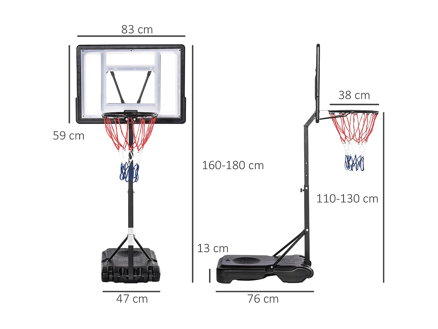 Panier de Basket-Ball sur pied pour bord de piscine poteau panneau, base de lestage sur roulettes hauteur arceau réglable 1,1 - 1,3 m noir blanc