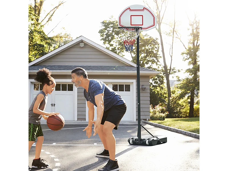 Panier de Basket-Ball sur pied avec poteau panneau, base de lestage sur roulettes hauteur réglable 1,9 - 2,5 m noir blanc