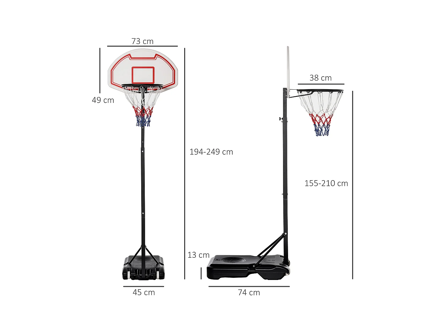 Panier de Basket-Ball sur pied avec poteau panneau, base de lestage sur roulettes hauteur réglable 1,9 - 2,5 m noir blanc