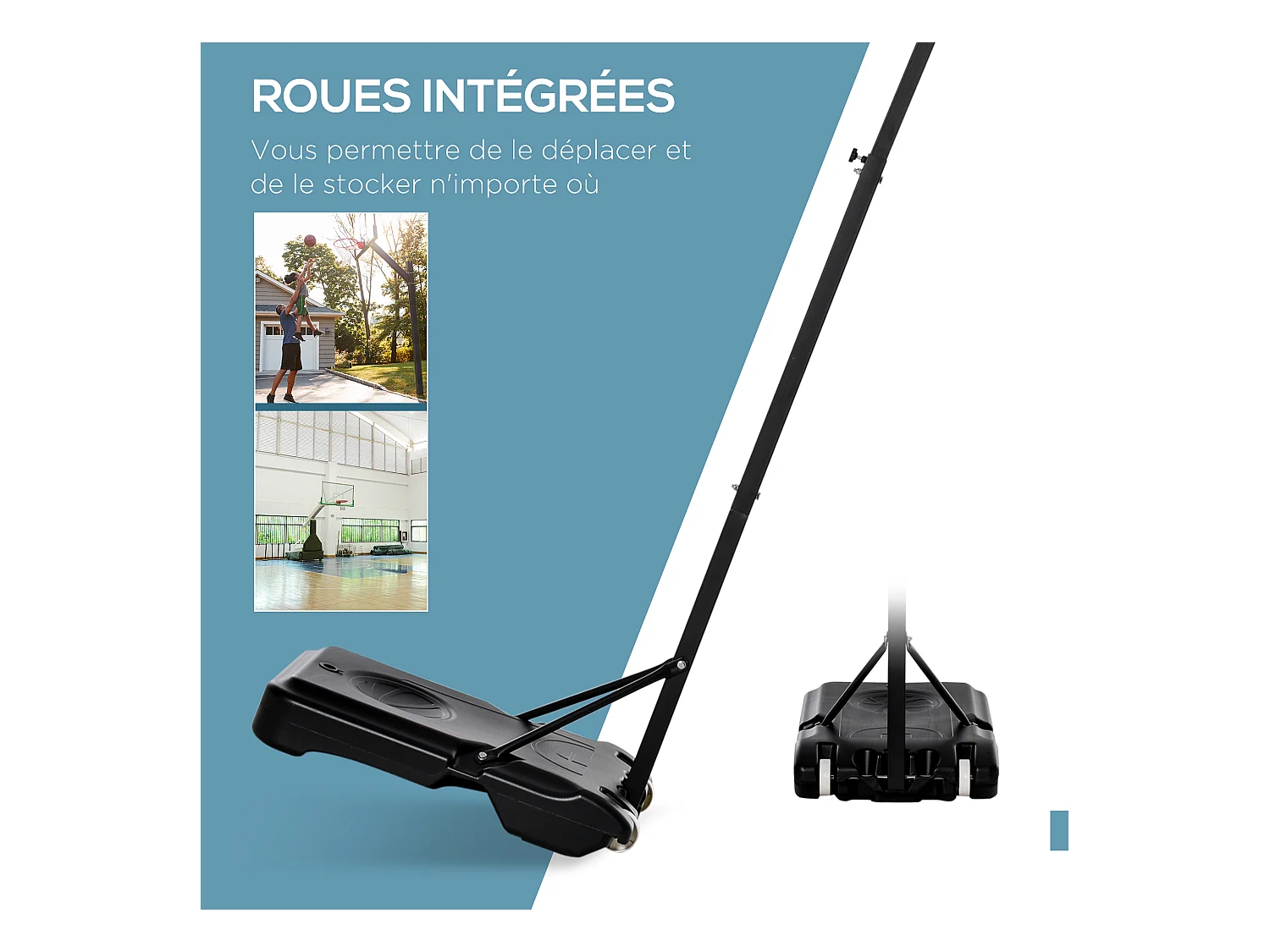 Panier de Basket-Ball sur pied avec poteau panneau, base de lestage sur roulettes hauteur réglable 1,9 - 2,5 m noir blanc