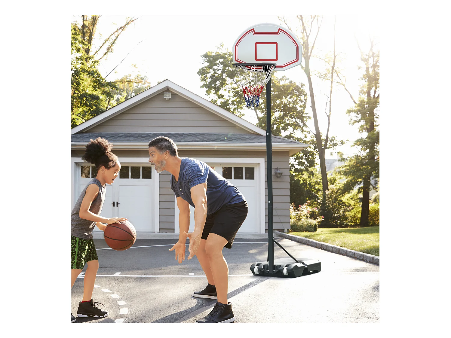 Panier de Basket-Ball sur pied avec poteau panneau, base de lestage sur roulettes hauteur réglable 1,9 - 2,5 m noir blanc