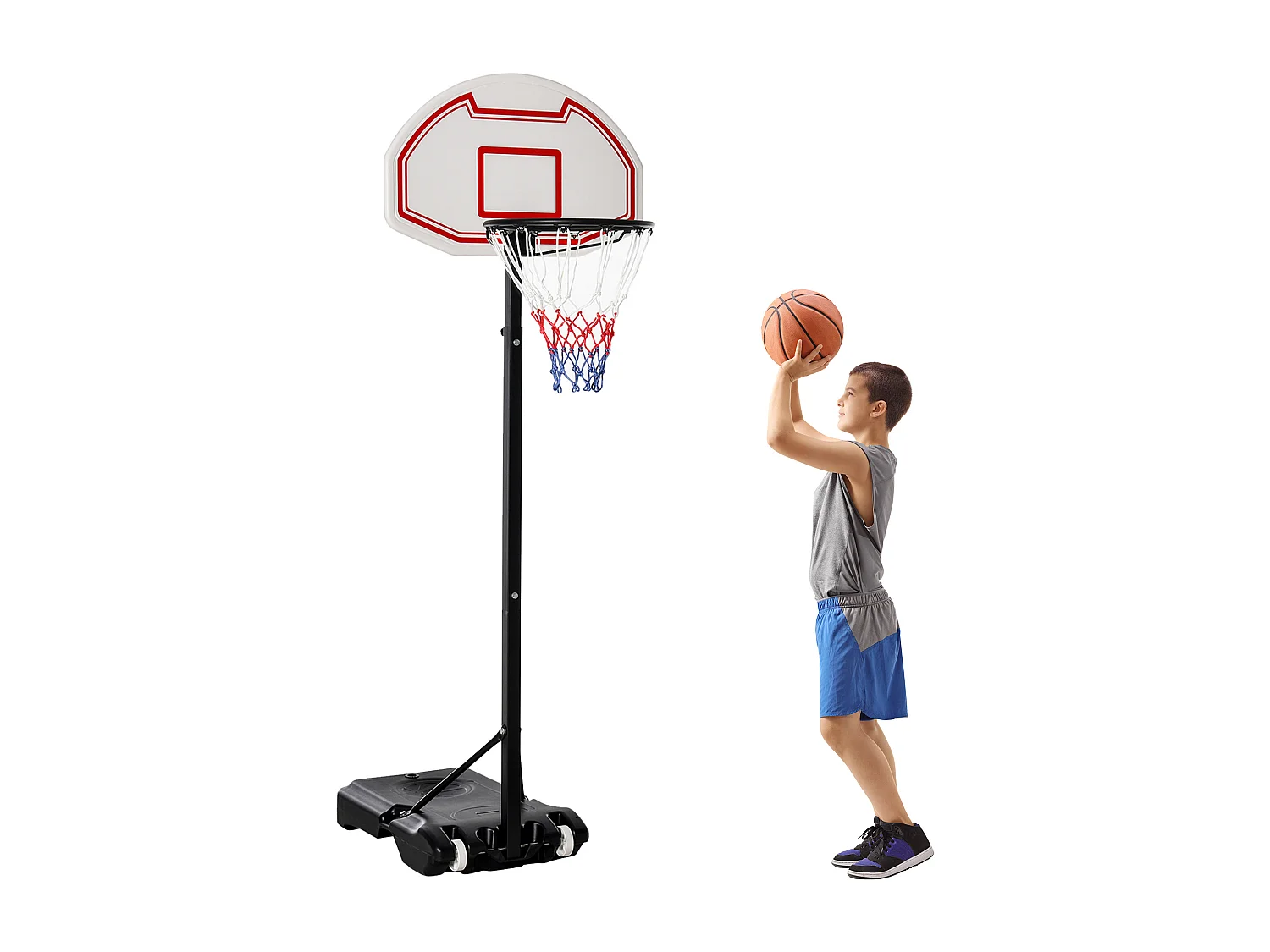 Panier de Basket-Ball sur pied avec poteau panneau, base de lestage sur roulettes hauteur réglable 1,9 - 2,5 m noir blanc