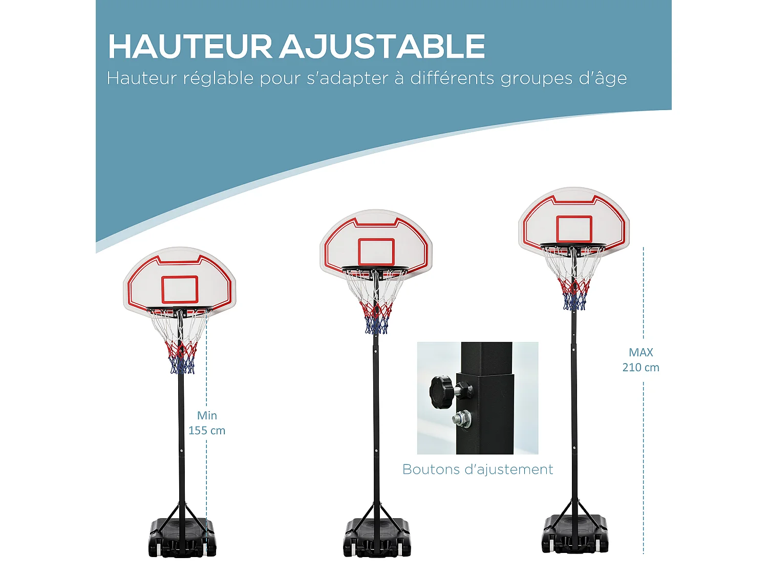 Panier de Basket-Ball sur pied avec poteau panneau, base de lestage sur roulettes hauteur réglable 1,9 - 2,5 m noir blanc
