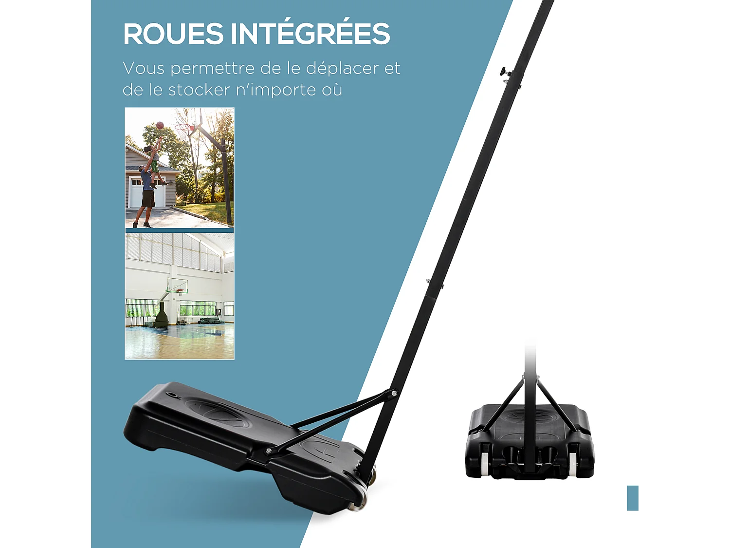 Panier de Basket-Ball sur pied avec poteau panneau, base de lestage sur roulettes hauteur réglable 1,9 - 2,5 m noir blanc