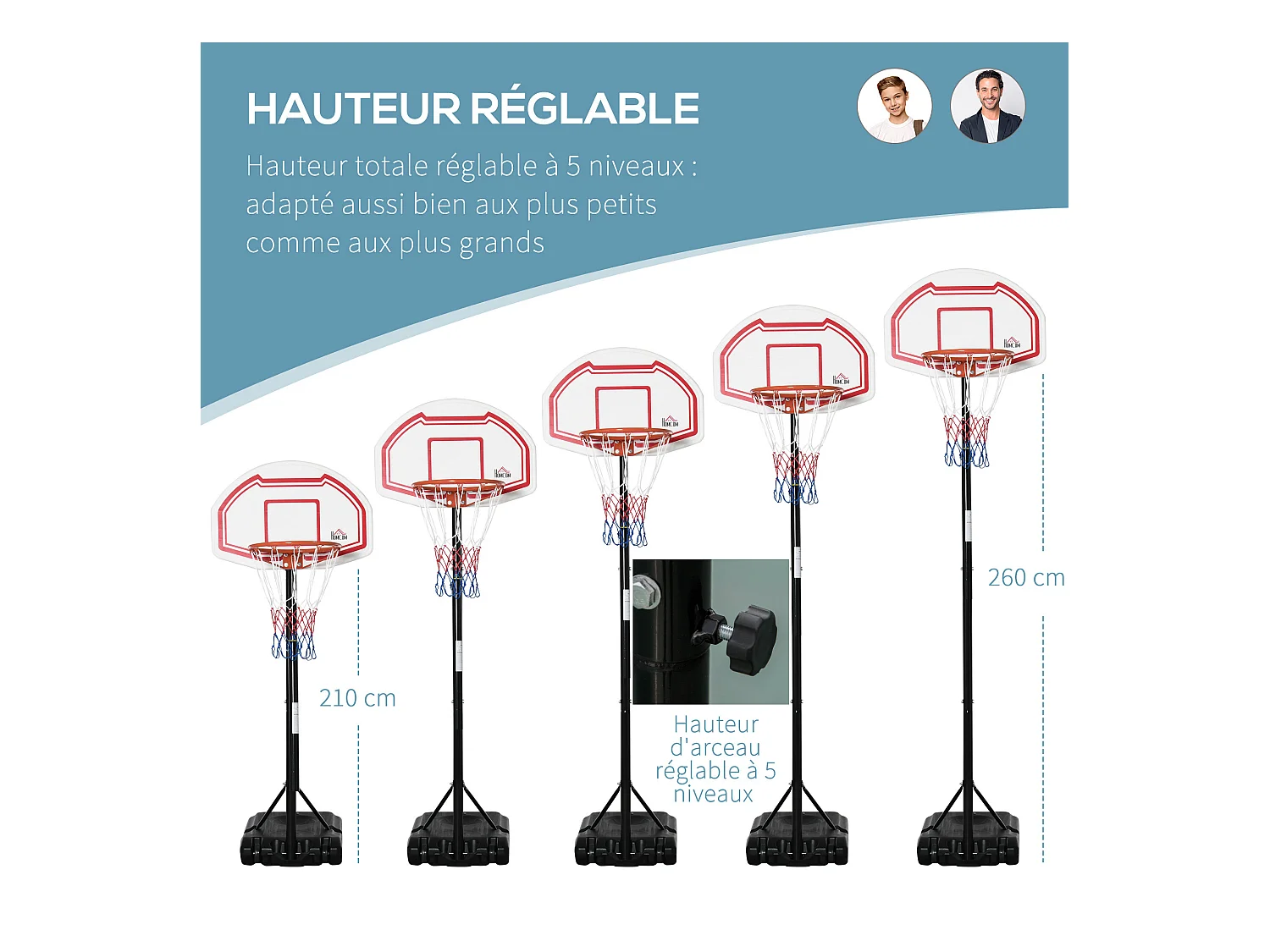 Panier de Basket-Ball sur pied avec poteau panneau - base de lestage sur roulettes - hauteur réglable 5 niveaux 2,45-2,95 m - acier HDPE noir blanc