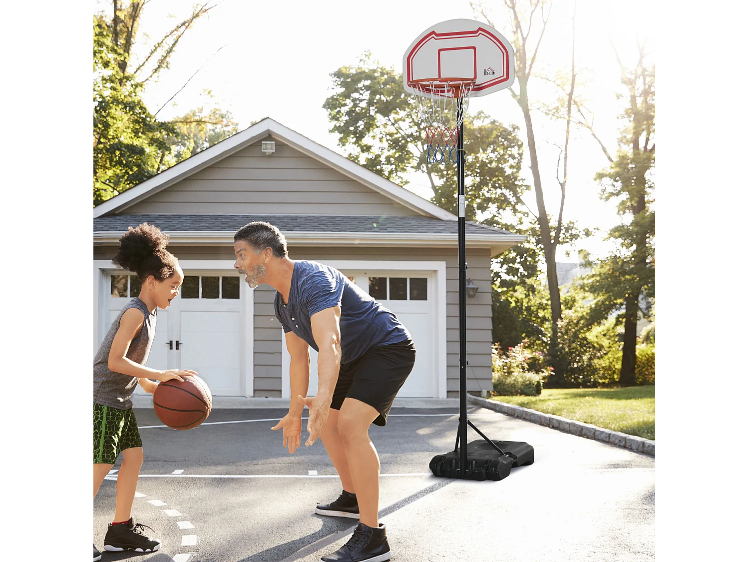 Panier de Basket-Ball sur pied avec poteau panneau - base de lestage sur roulettes - hauteur réglable 5 niveaux 2,45-2,95 m - acier HDPE noir blanc