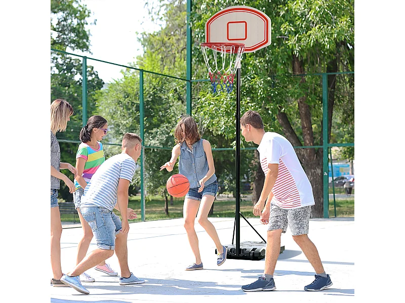 Panier de Basket-Ball sur pied avec poteau panneau, base de lestage sur roulettes hauteur réglable 2,1 - 2,5 m noir blanc