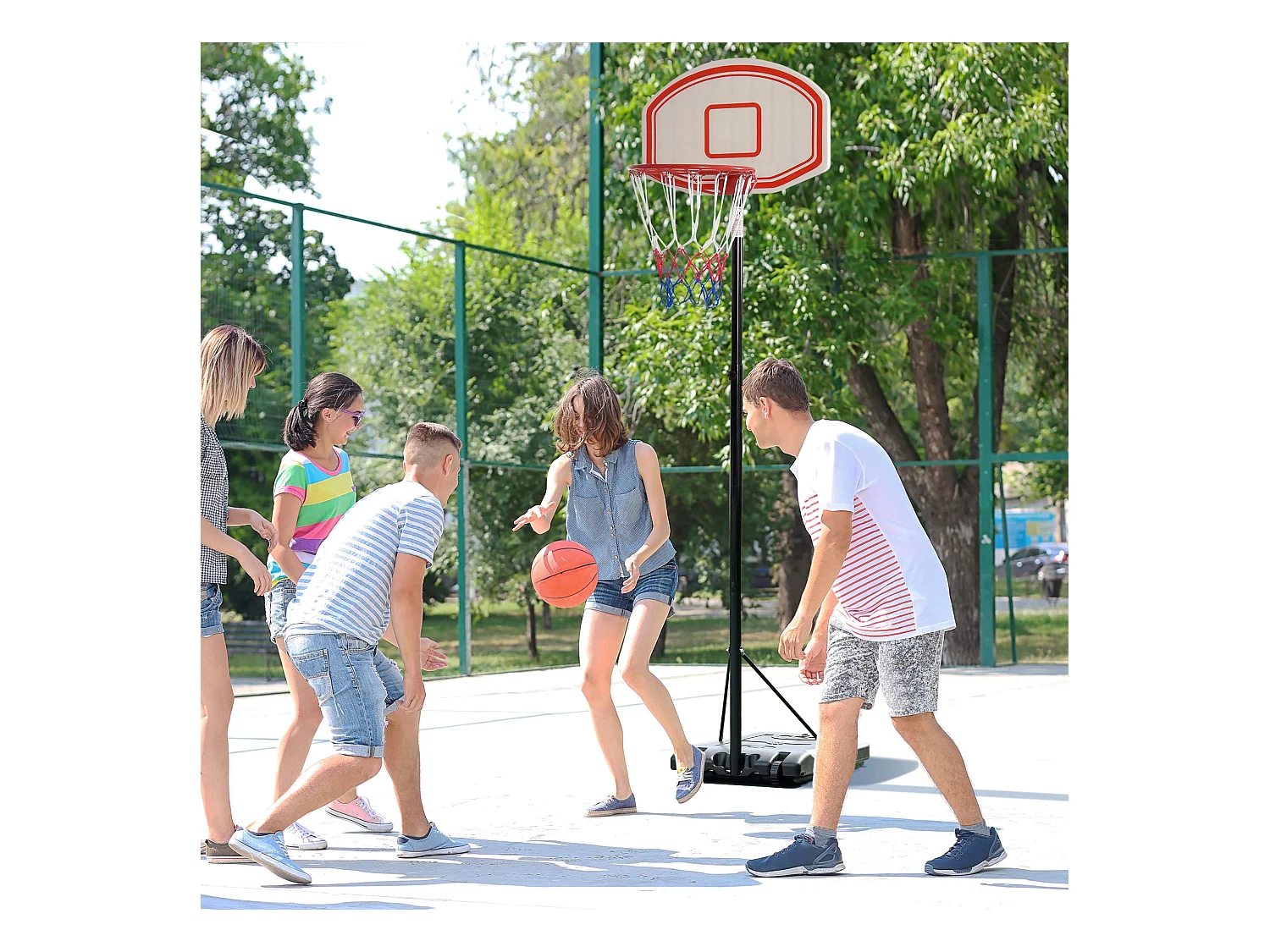 Panier de Basket-Ball sur pied avec poteau panneau, base de lestage sur roulettes hauteur réglable 2,1 - 2,5 m noir blanc