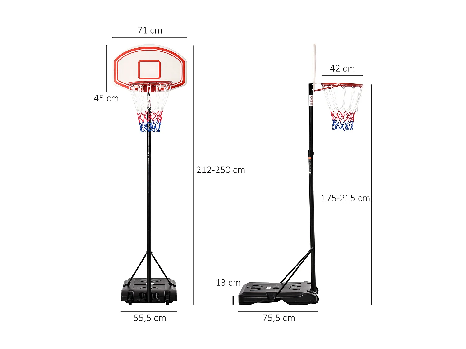 Panier de Basket-Ball sur pied avec poteau panneau, base de lestage sur roulettes hauteur réglable 2,1 - 2,5 m noir blanc