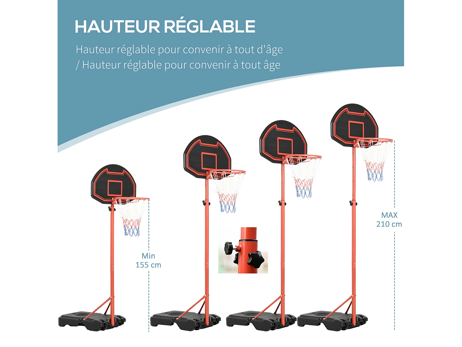 Panier de Basket-Ball sur pied avec poteau panneau, base de lestage sur roulettes hauteur réglable 1,55 - 2,1 m rouge noir