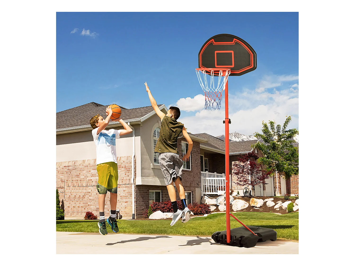 Panier de Basket-Ball sur pied avec poteau panneau, base de lestage sur roulettes hauteur réglable 1,55 - 2,1 m rouge noir