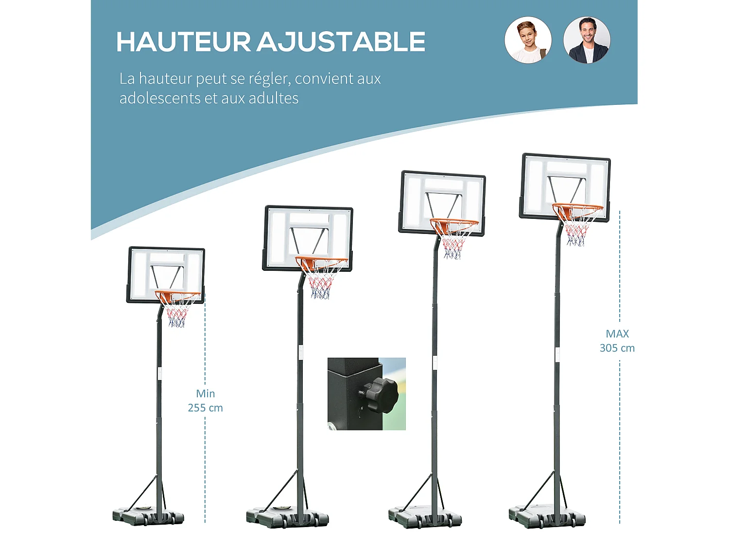 Panier de basket-ball sur Pied avec base de lestage sur roulettes hauteur réglable 3,02-3,52 m Noir Blanc