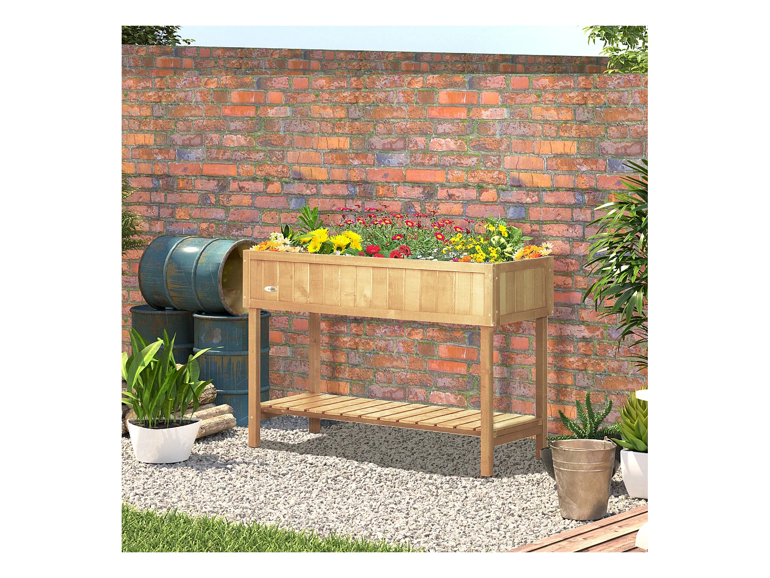 Jardinière sur pieds carré potager avec étagère dim. 110L x 46l x 76H cm 8 compartiments & inserts d'irrigation bois de sapin beige