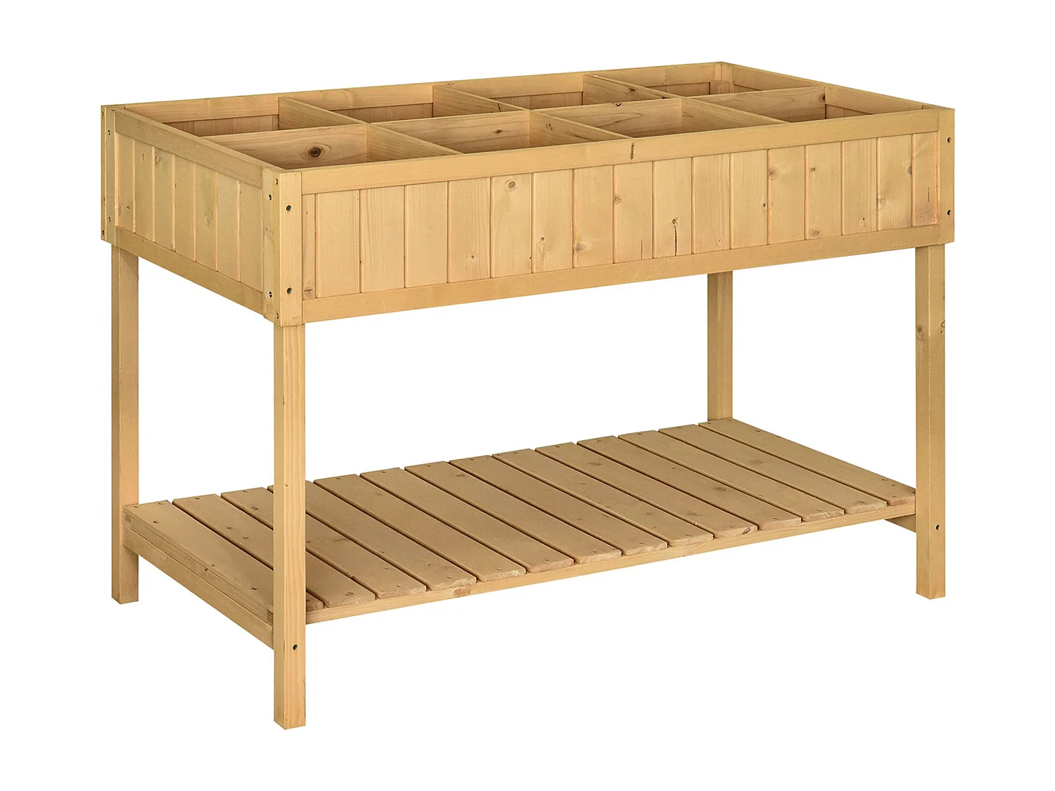 Jardinière sur pieds carré potager avec étagère dim. 110L x 46l x 76H cm 8 compartiments & inserts d'irrigation bois de sapin beige
