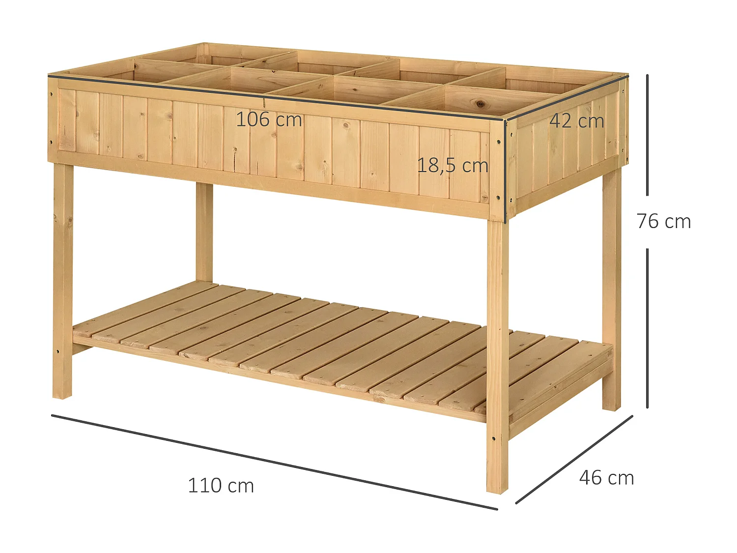 Jardinière sur pieds carré potager avec étagère dim. 110L x 46l x 76H cm 8 compartiments & inserts d'irrigation bois de sapin beige