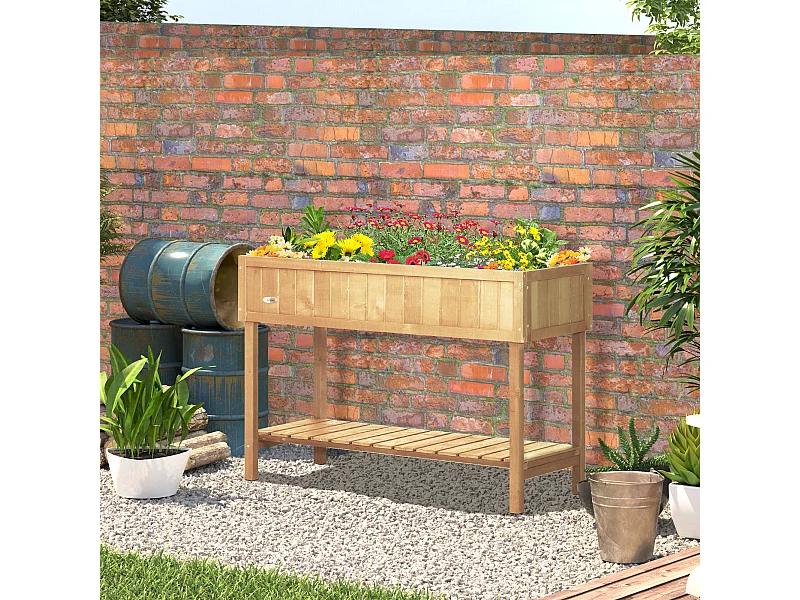 Jardinière sur pieds carré potager avec étagère dim. 110L x 46l x 76H cm 8 compartiments & inserts d'irrigation bois de sapin beige