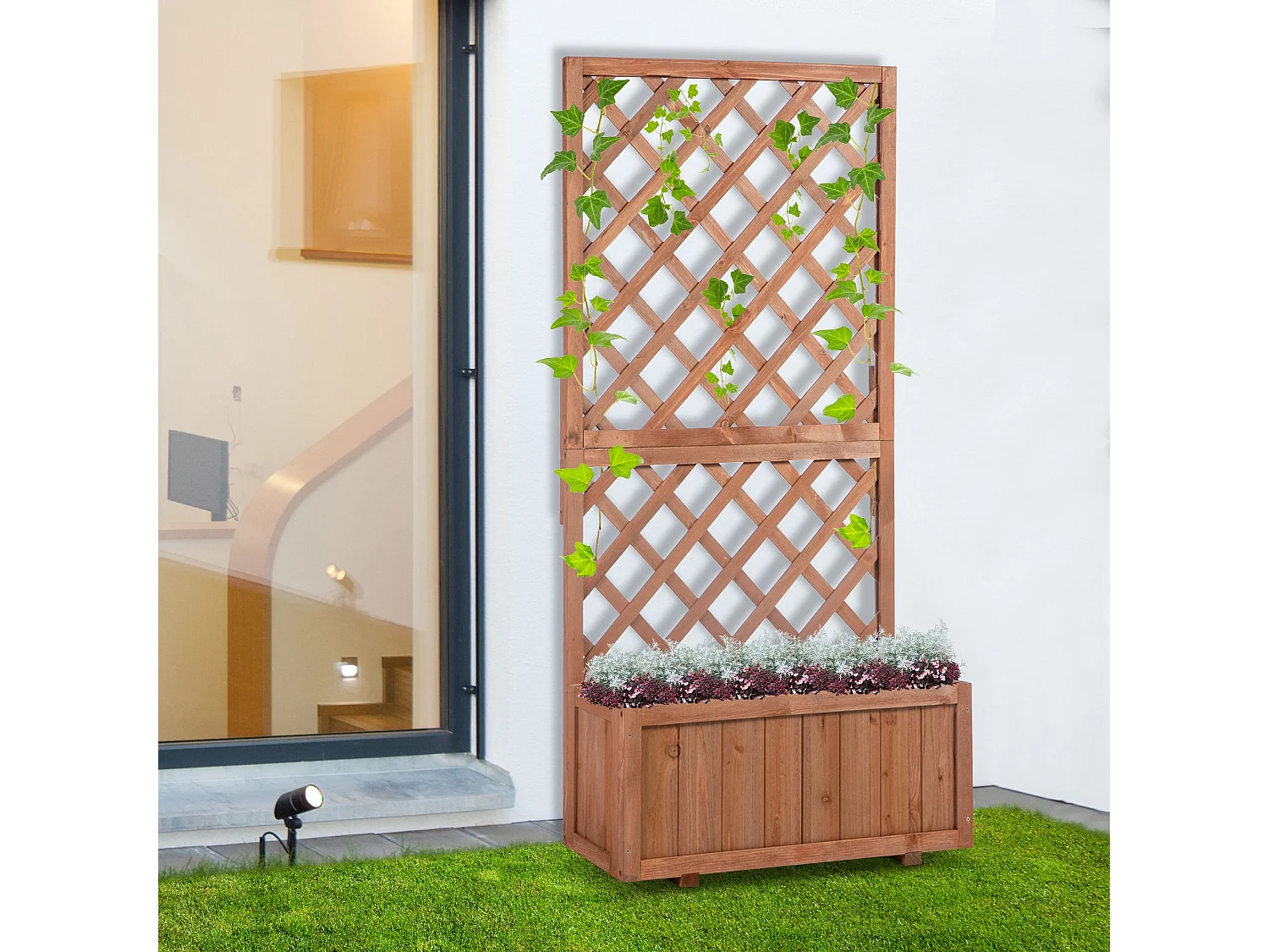 Jardinière avec treillis - bac à fleurs - jardinière sur pied - dim. 72,5L x 31,5l x 149,5H cm inserts d'irrigation inclus bois sapin pré-huilé