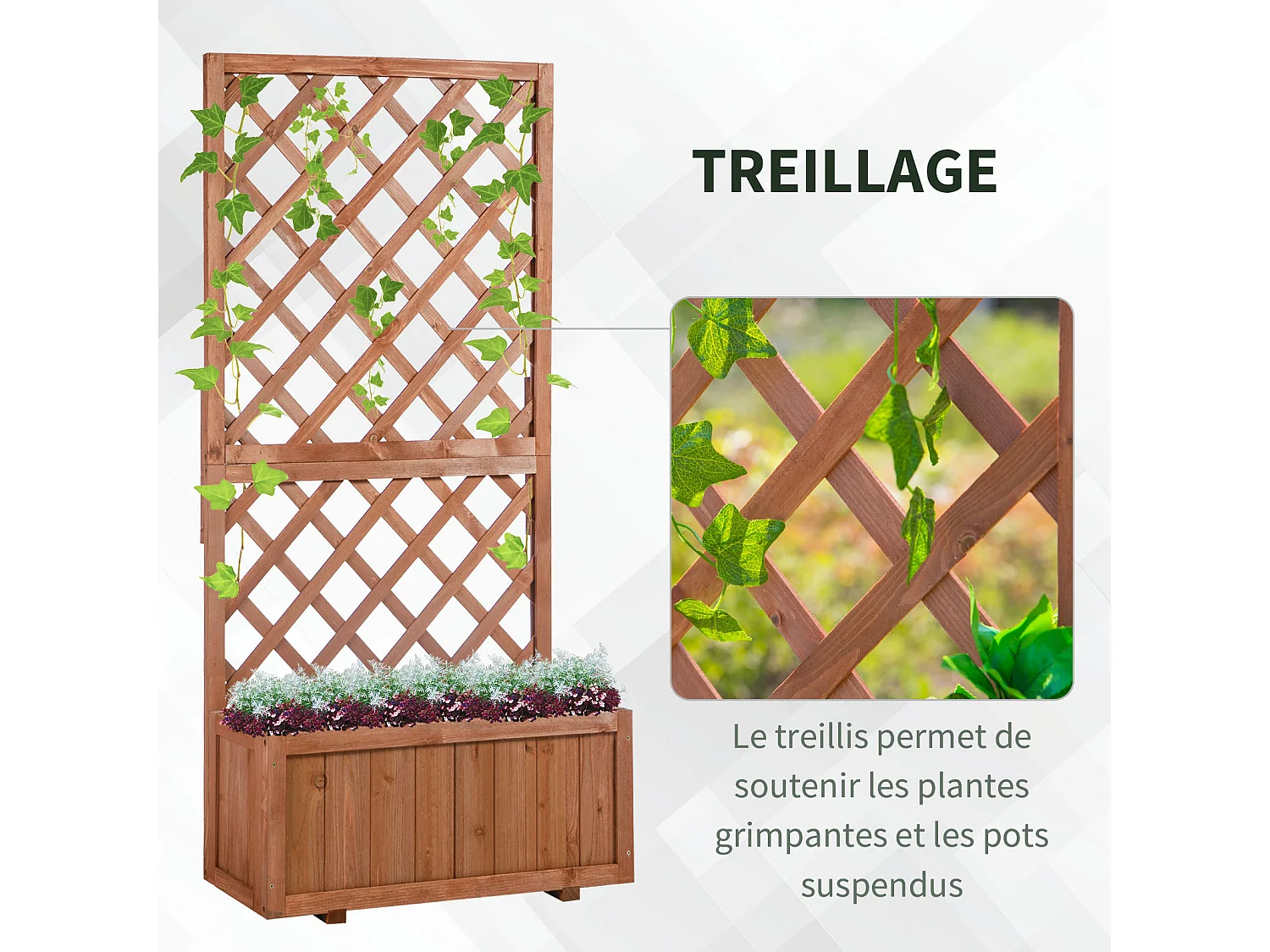 Jardinière avec treillis - bac à fleurs - jardinière sur pied - dim. 72,5L x 31,5l x 149,5H cm inserts d'irrigation inclus bois sapin pré-huilé