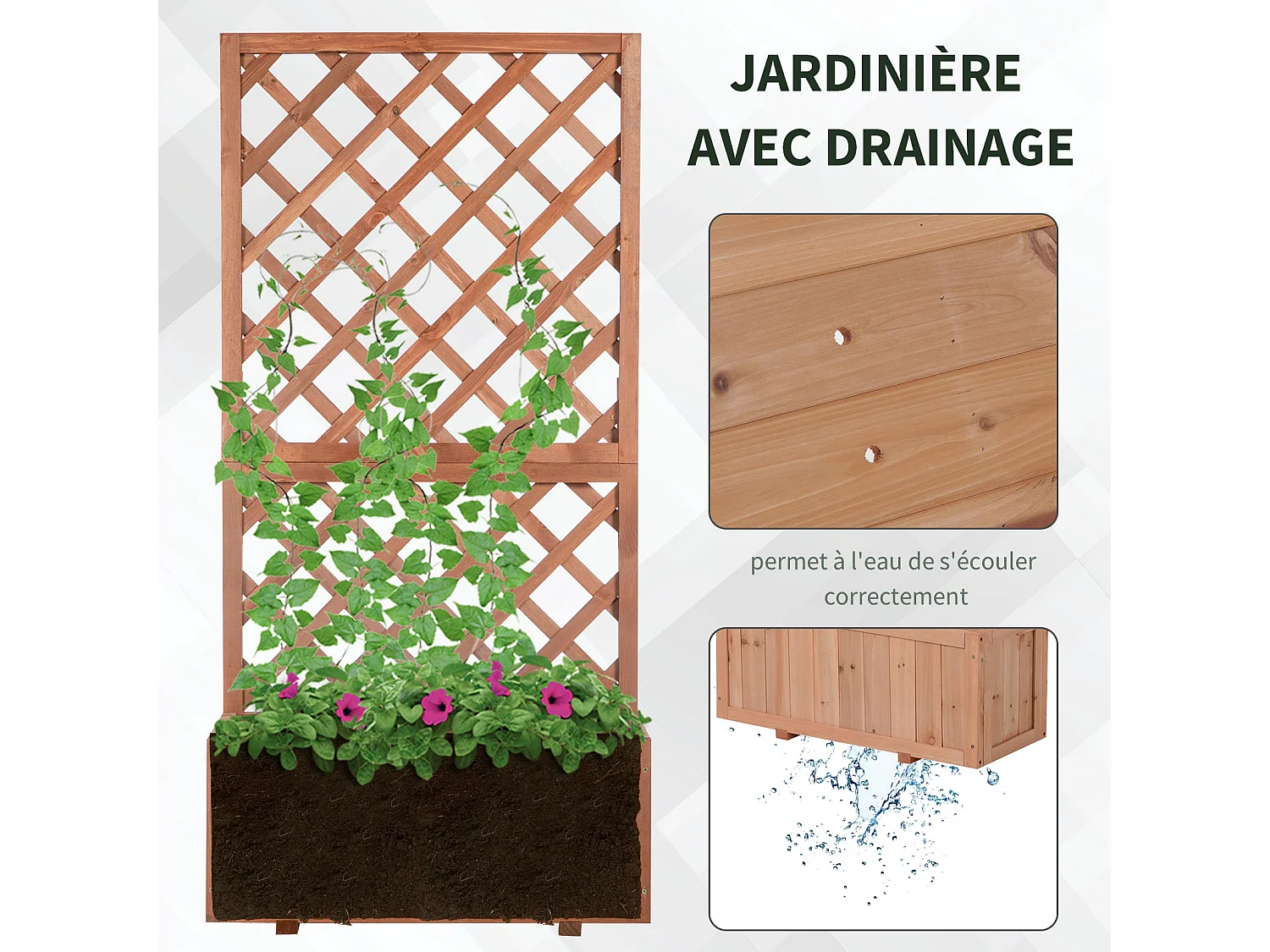 Jardinière avec treillis - bac à fleurs - jardinière sur pied - dim. 72,5L x 31,5l x 149,5H cm inserts d'irrigation inclus bois sapin pré-huilé