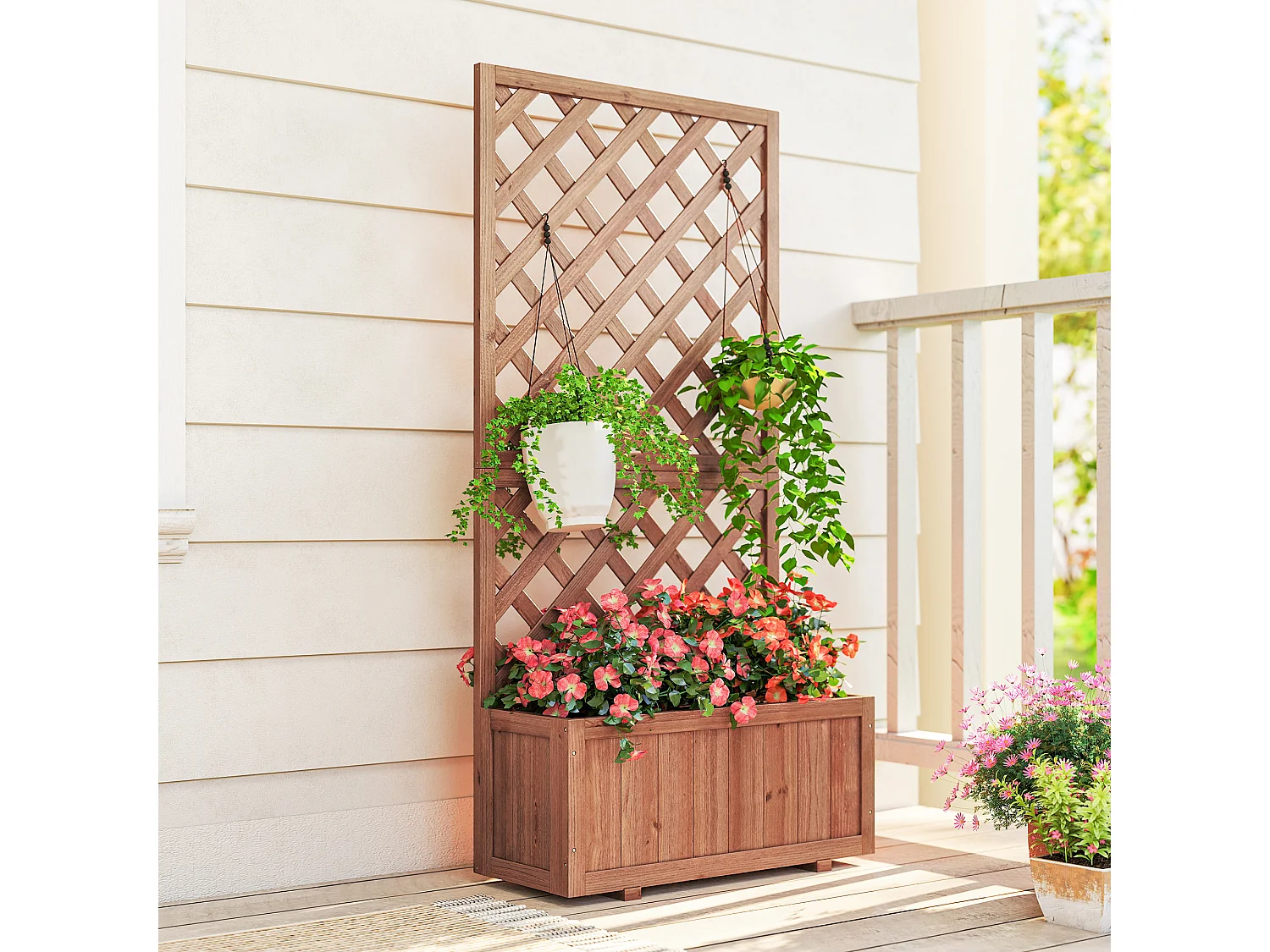 Jardinière avec treillis - bac à fleurs - jardinière sur pied - dim. 72,5L x 31,5l x 149,5H cm inserts d'irrigation inclus bois sapin pré-huilé