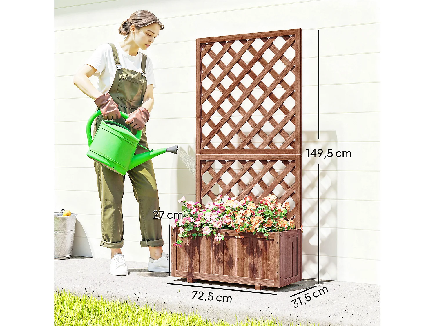 Jardinière avec treillis - bac à fleurs - jardinière sur pied - dim. 72,5L x 31,5l x 149,5H cm inserts d'irrigation inclus bois sapin pré-huilé