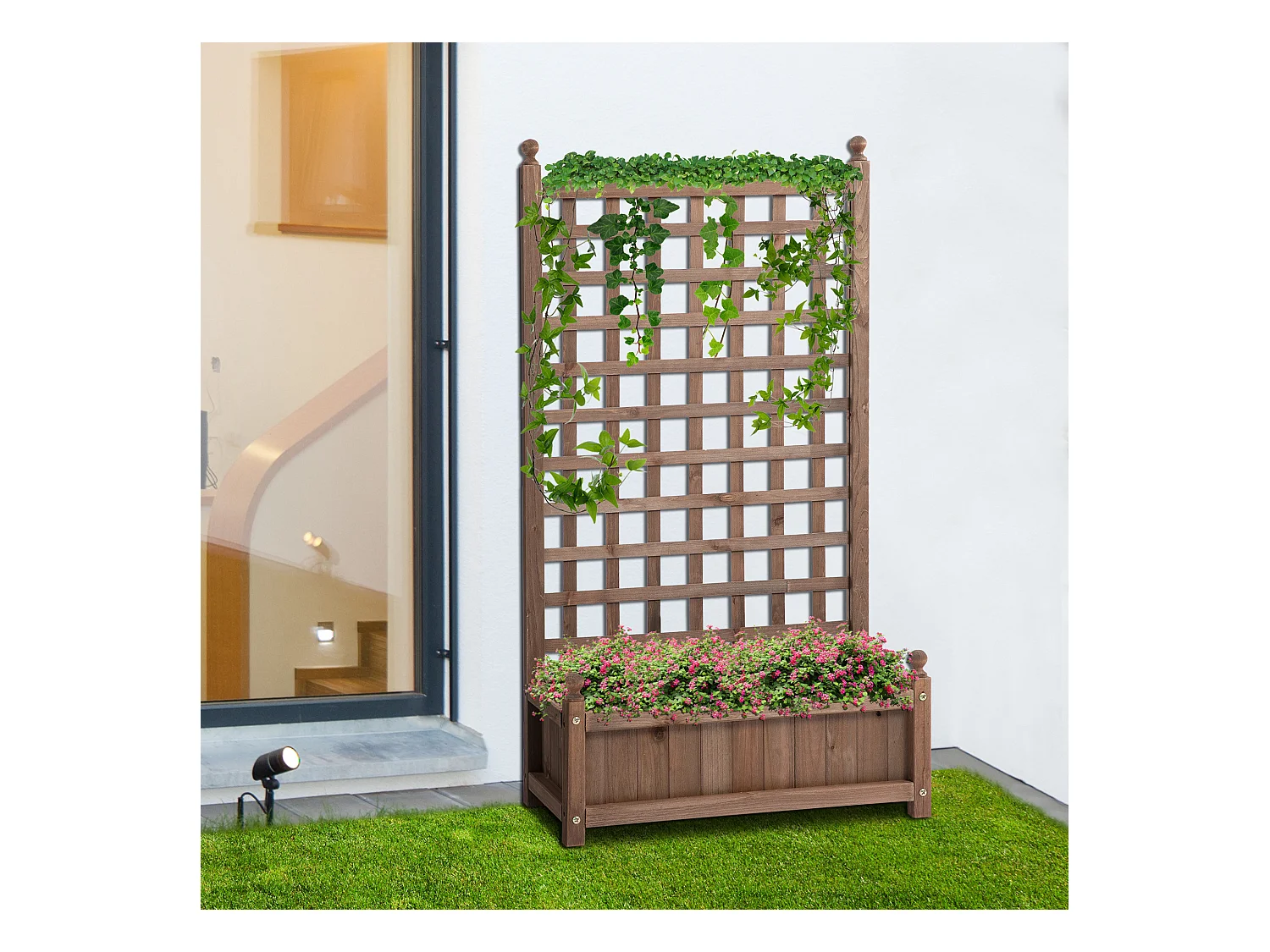 Jardinière avec treillis - bac à fleurs - jardinière sur pied - dim. 64L x 28l x 120H cm inserts d'irrigation inclus bois sapin traité