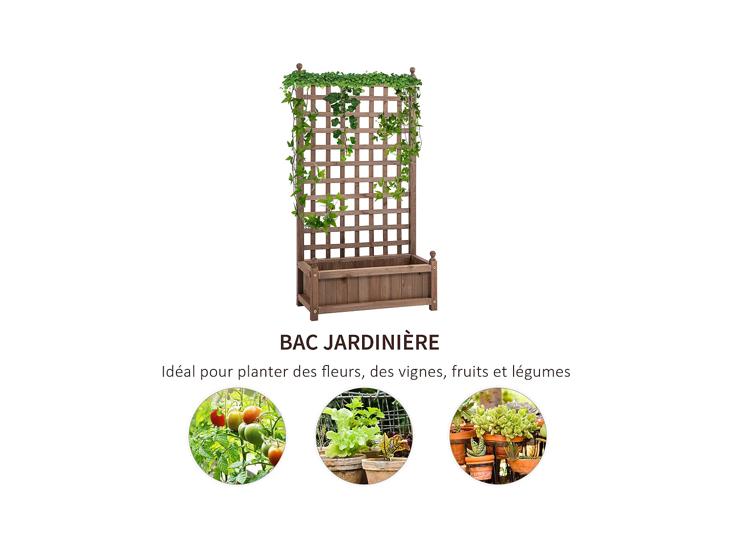 Jardinière avec treillis - bac à fleurs - jardinière sur pied - dim. 64L x 28l x 120H cm inserts d'irrigation inclus bois sapin traité