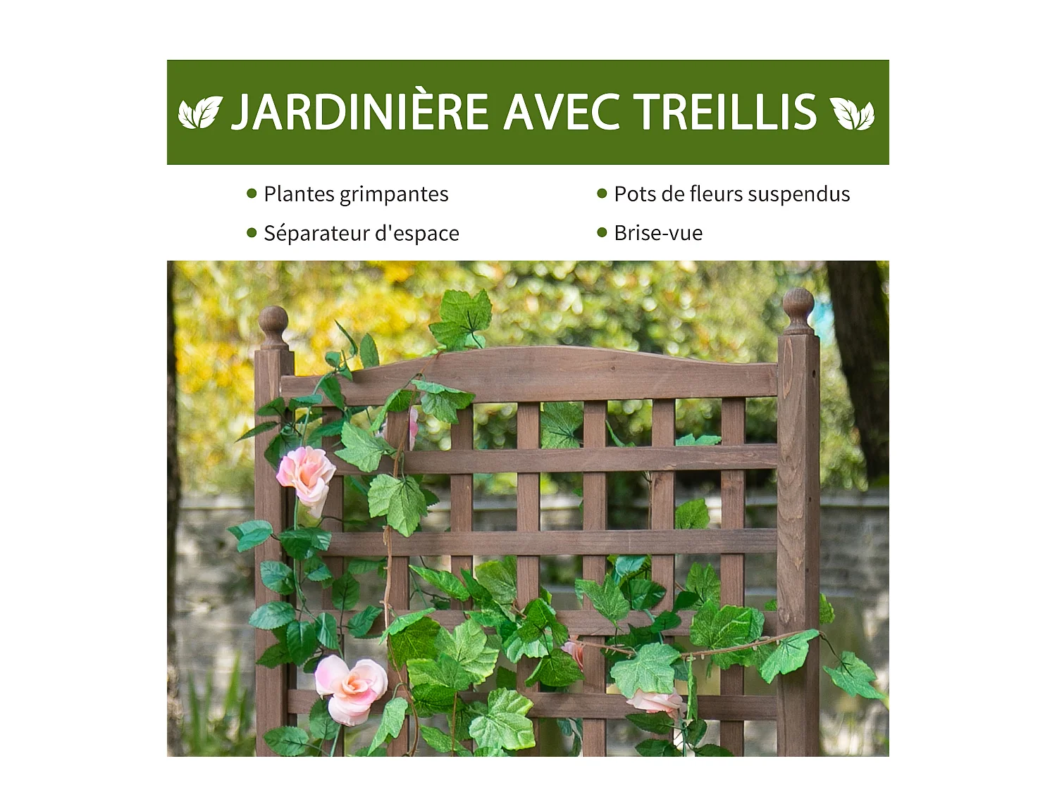 Jardinière avec treillis - bac à fleurs - jardinière sur pied - dim. 64L x 28l x 120H cm inserts d'irrigation inclus bois sapin traité
