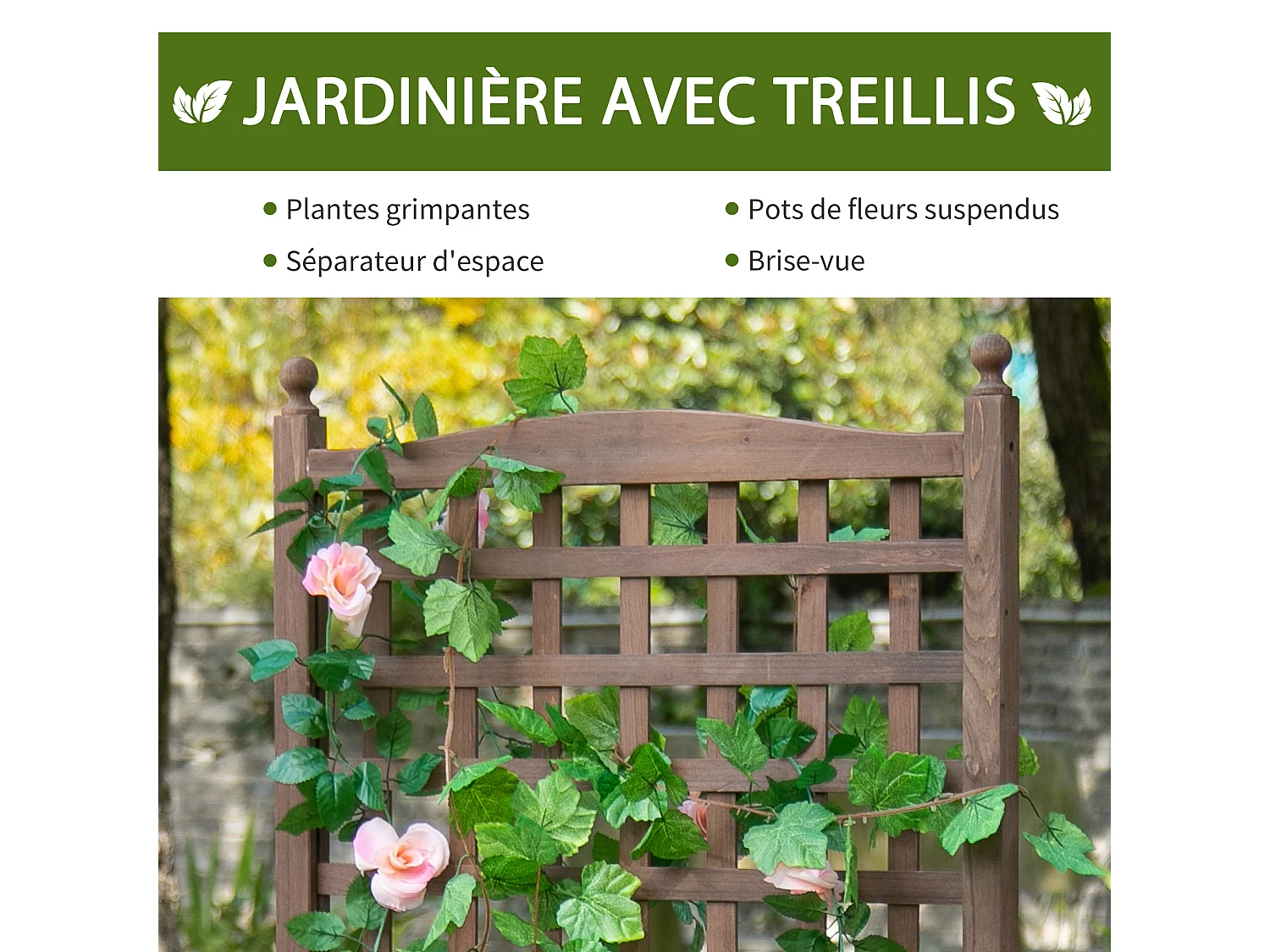 Jardinière avec treillis - bac à fleurs - jardinière sur pied - dim. 64L x 28l x 120H cm inserts d'irrigation inclus bois sapin traité