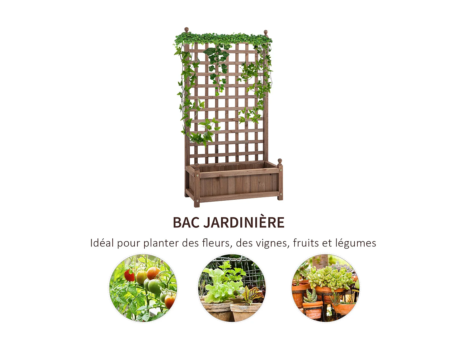 Jardinière avec treillis - bac à fleurs - jardinière sur pied - dim. 64L x 28l x 120H cm inserts d'irrigation inclus bois sapin traité