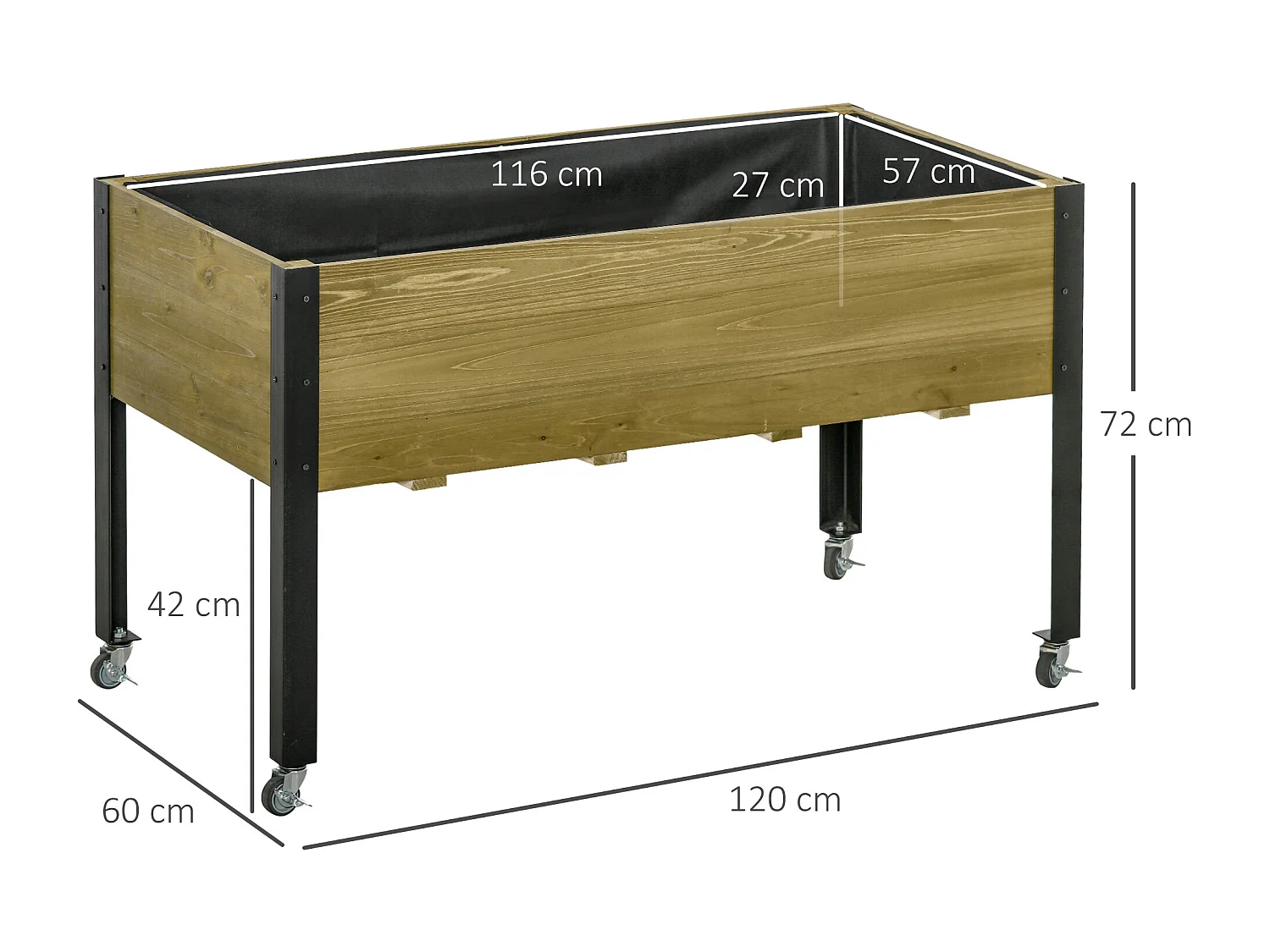 Jardinière sur pieds - potager sur roulettes - inserts d'irrigation, feutre de drainage inclus - bois sapin autoclave