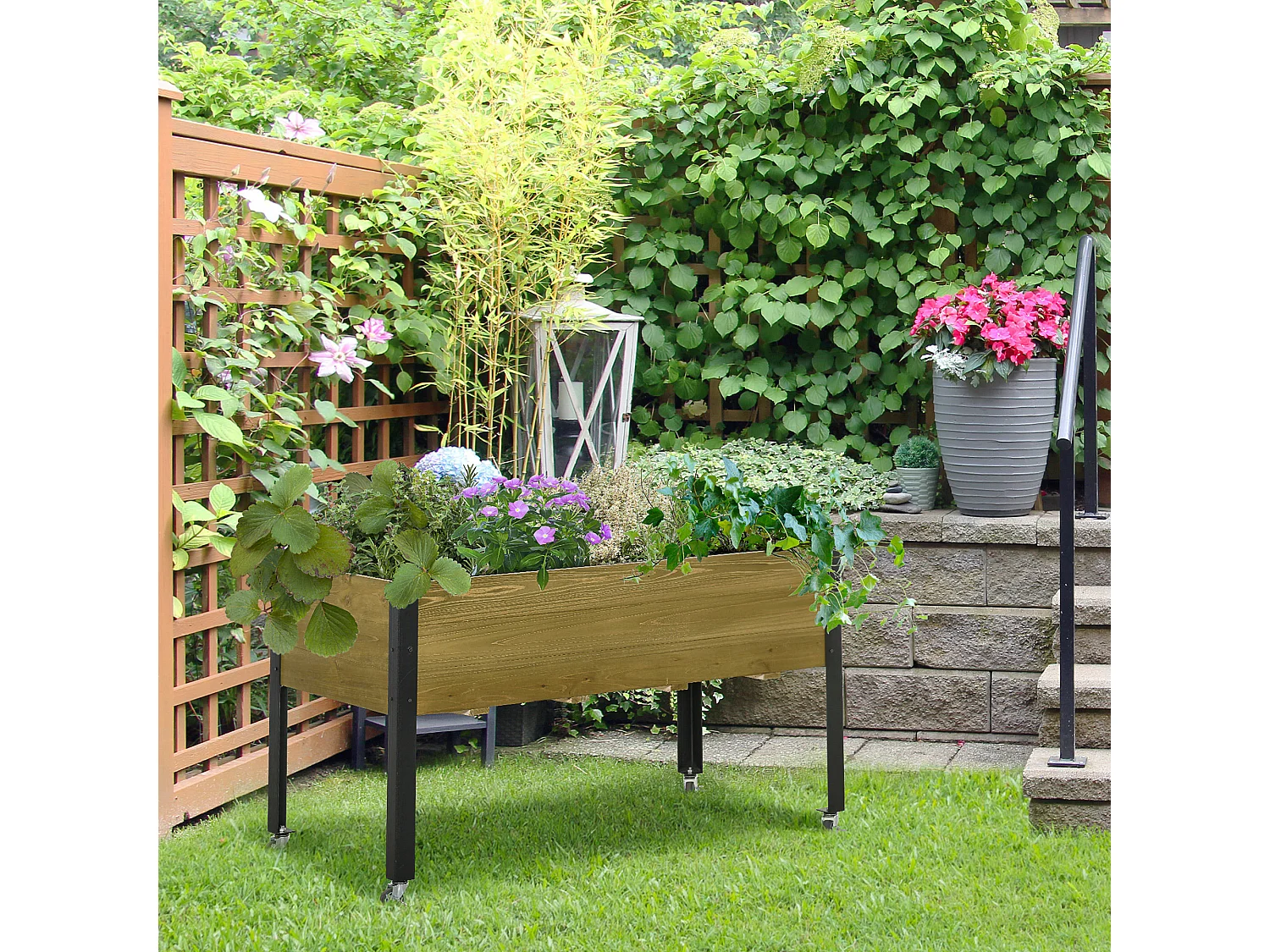 Jardinière sur pieds - potager sur roulettes - inserts d'irrigation, feutre de drainage inclus - bois sapin autoclave