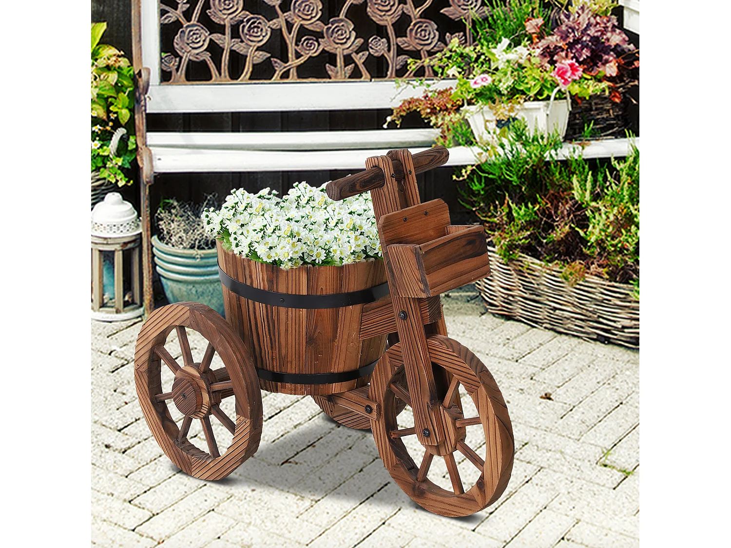 Porte plante tricycle - étagère de pots de fleurs - jardinière dim. 52L x 31l x 45H cm - bois de sapin