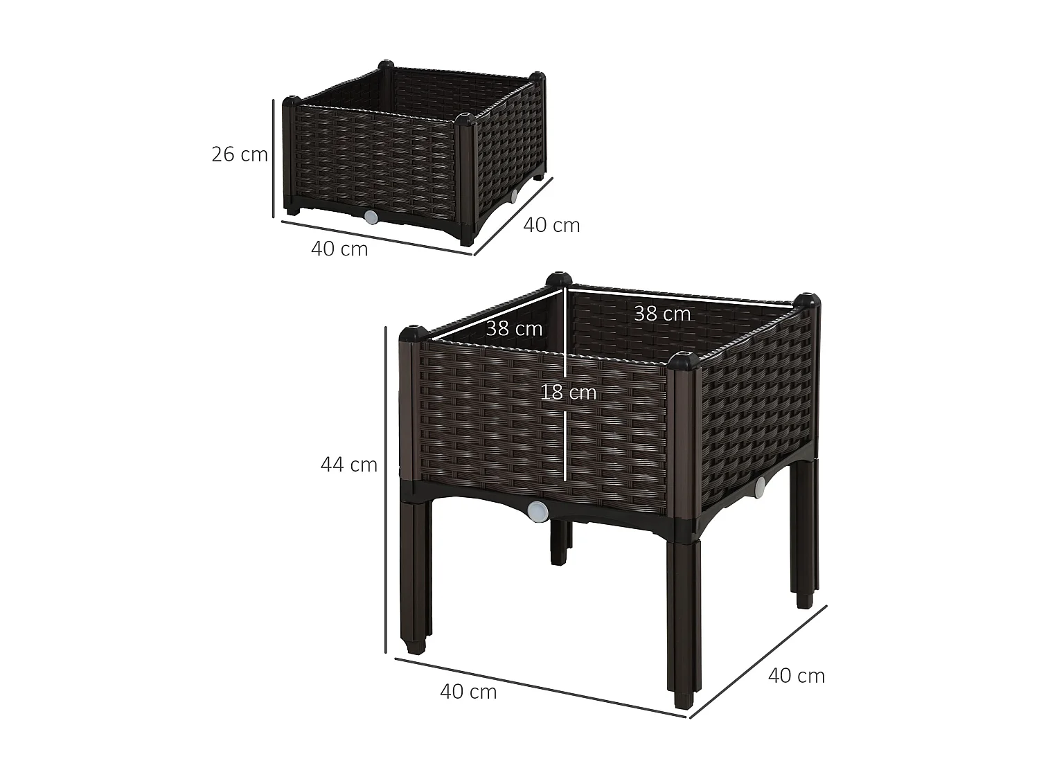 Jardinière sur pieds carré potager 2 étages dim. 80L x 40l x 44H cm insert d'irrigation plastique chocolat
