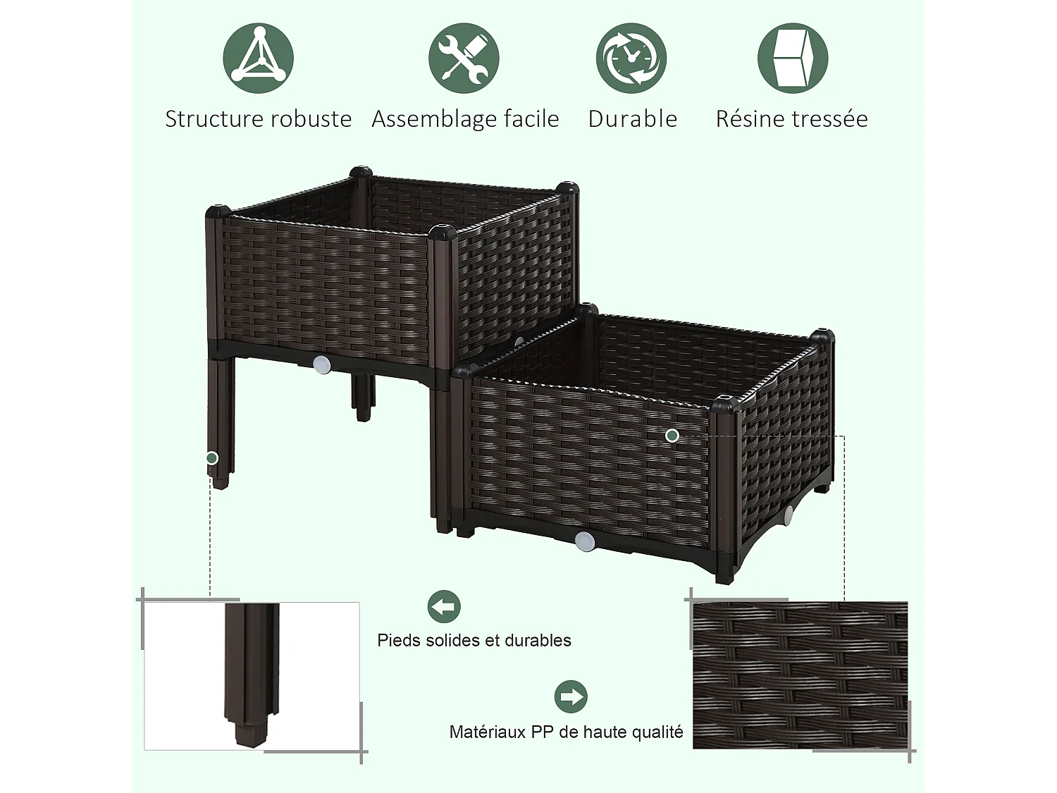 Jardinière sur pieds carré potager 2 étages dim. 80L x 40l x 44H cm insert d'irrigation plastique chocolat