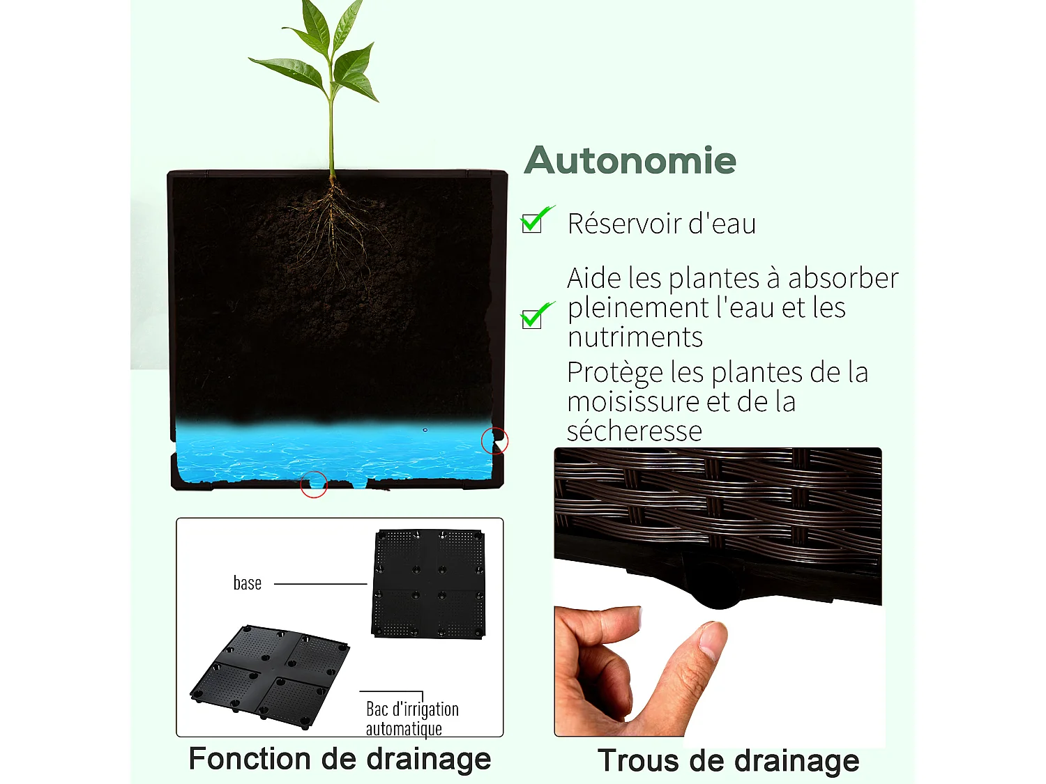 Jardinière sur pieds carré potager 2 étages dim. 80L x 40l x 44H cm insert d'irrigation plastique chocolat