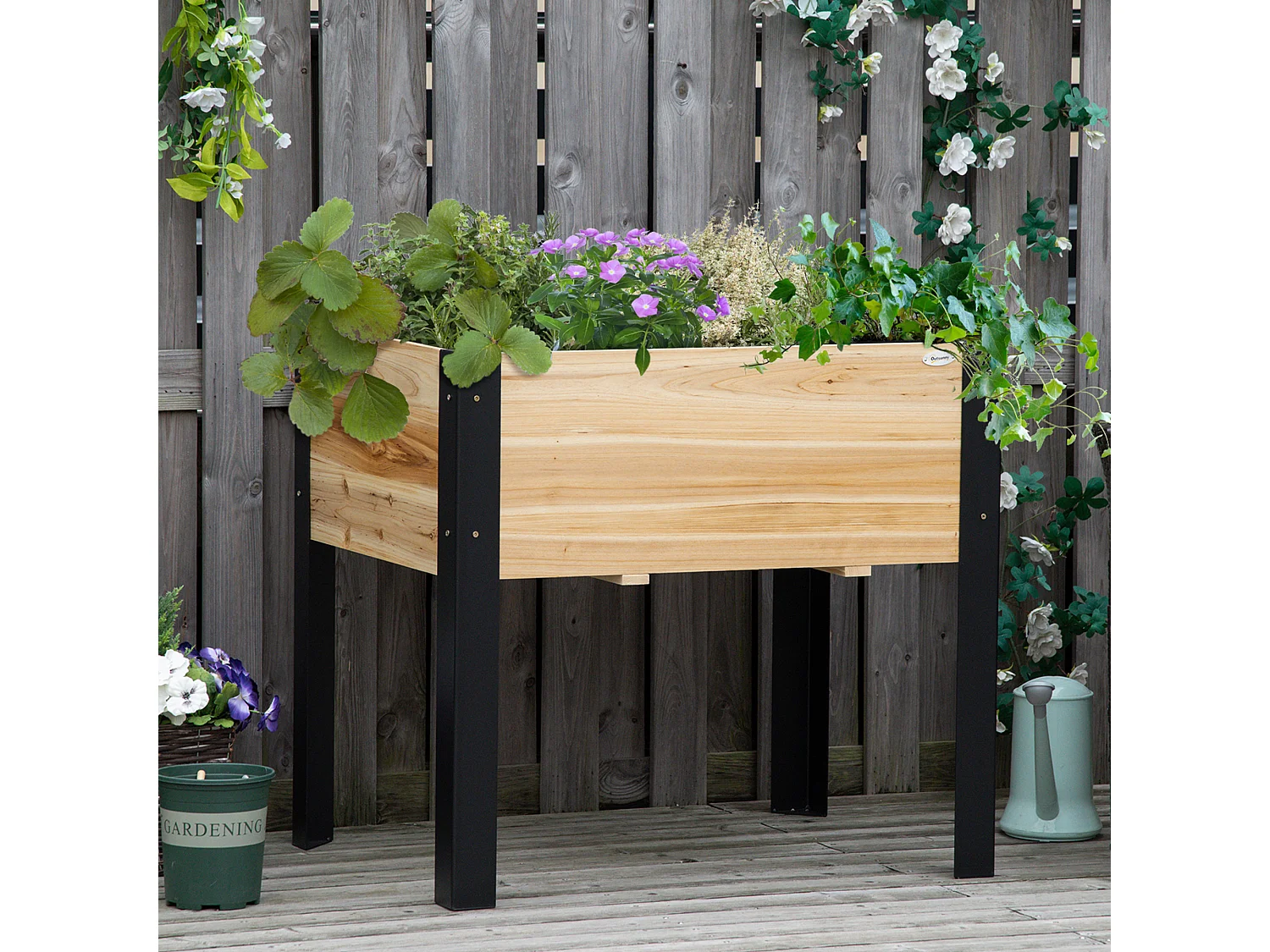 Jardinière sur pieds - potager - feutre de drainage inclus - métal époxy noir bois sapin