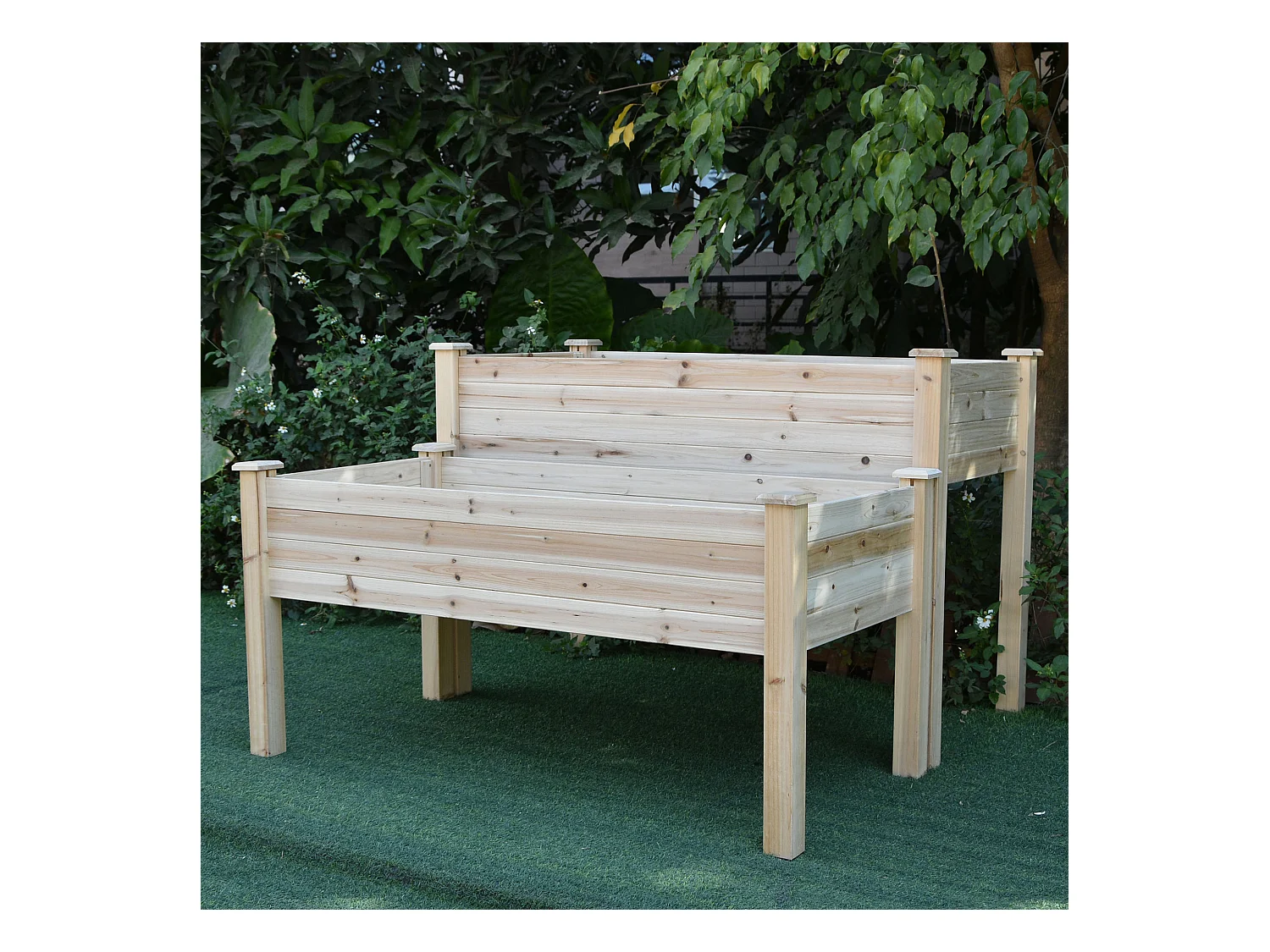 Jardinière sur pieds carré potager 2 étages dim. 115L x 114l x 76H cm inserts d'irrigation bois sapin naturel