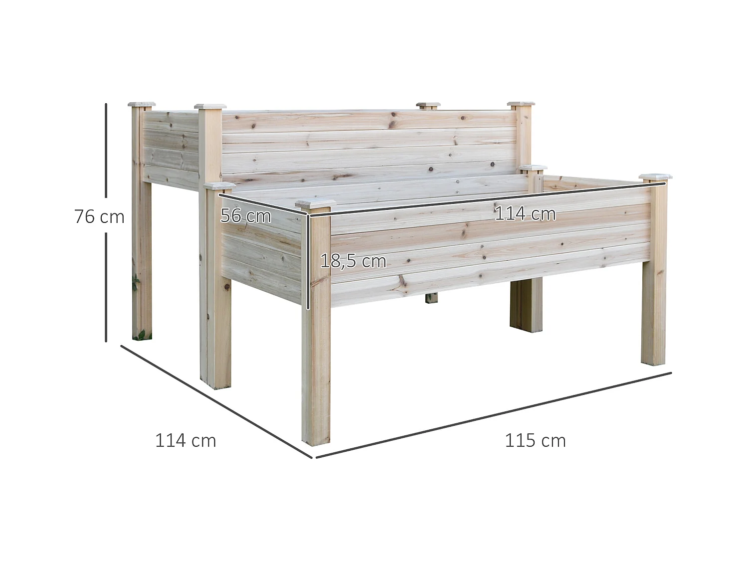 Jardinière sur pieds carré potager 2 étages dim. 115L x 114l x 76H cm inserts d'irrigation bois sapin naturel