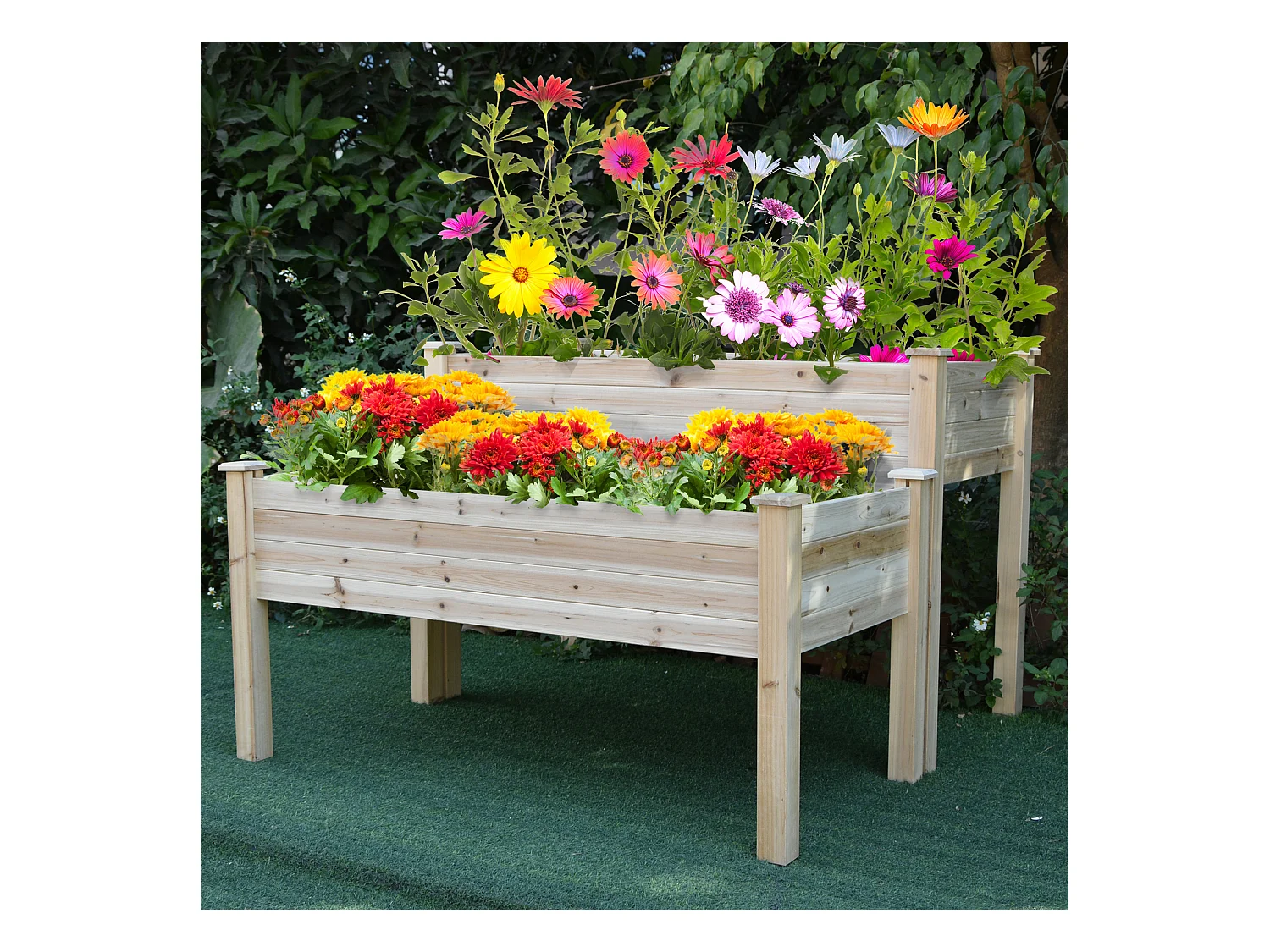 Jardinière sur pieds carré potager 2 étages dim. 115L x 114l x 76H cm inserts d'irrigation bois sapin naturel