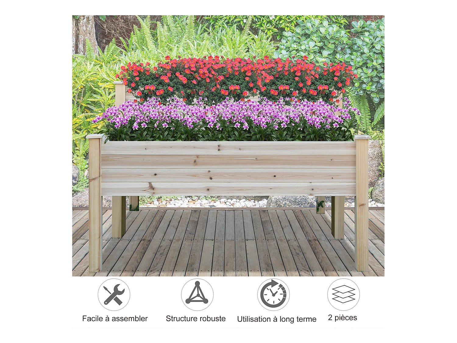 Jardinière sur pieds carré potager 2 étages dim. 115L x 114l x 76H cm inserts d'irrigation bois sapin naturel